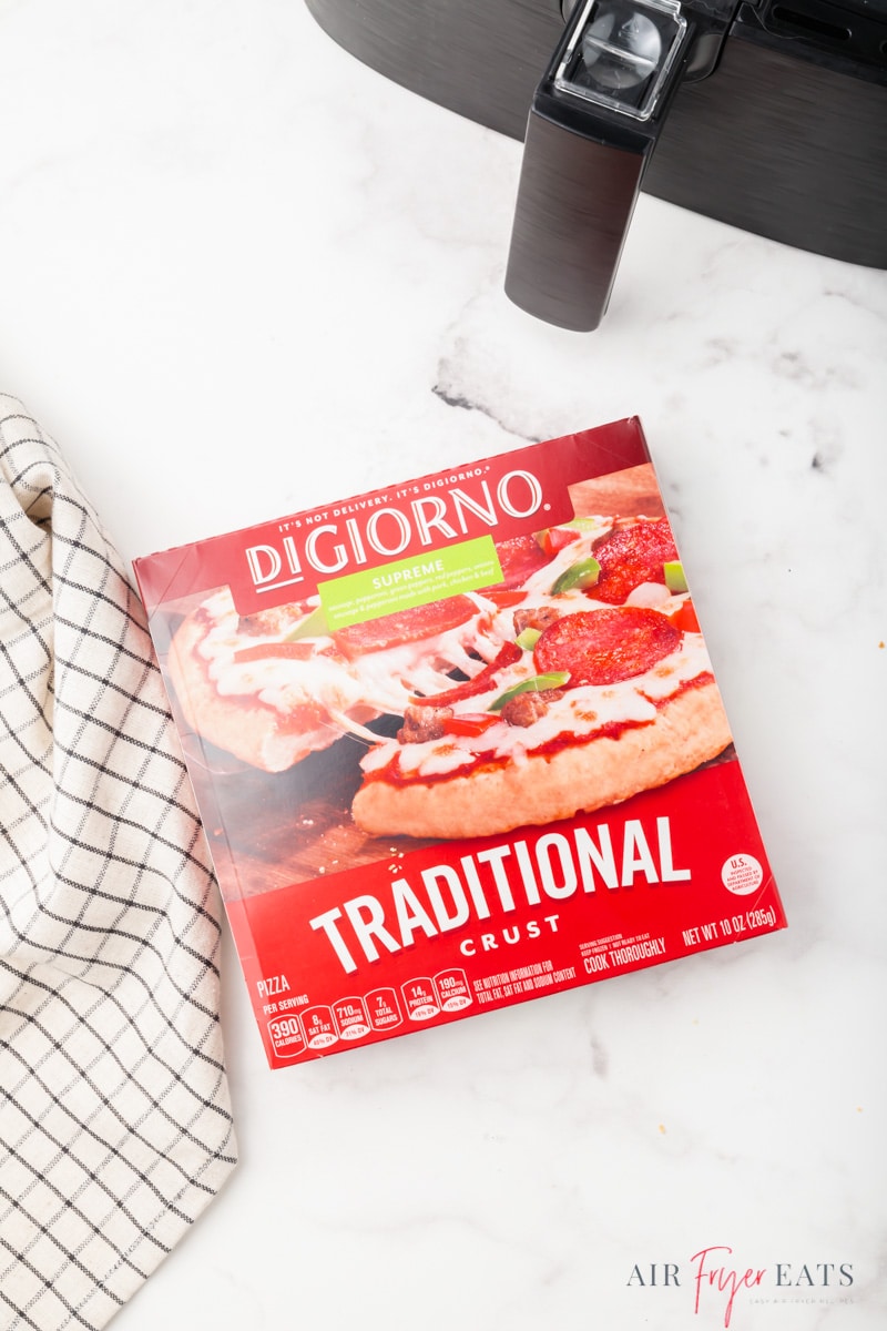 a 10 ounce digiorno pizza in a box, supreme traditional crust.