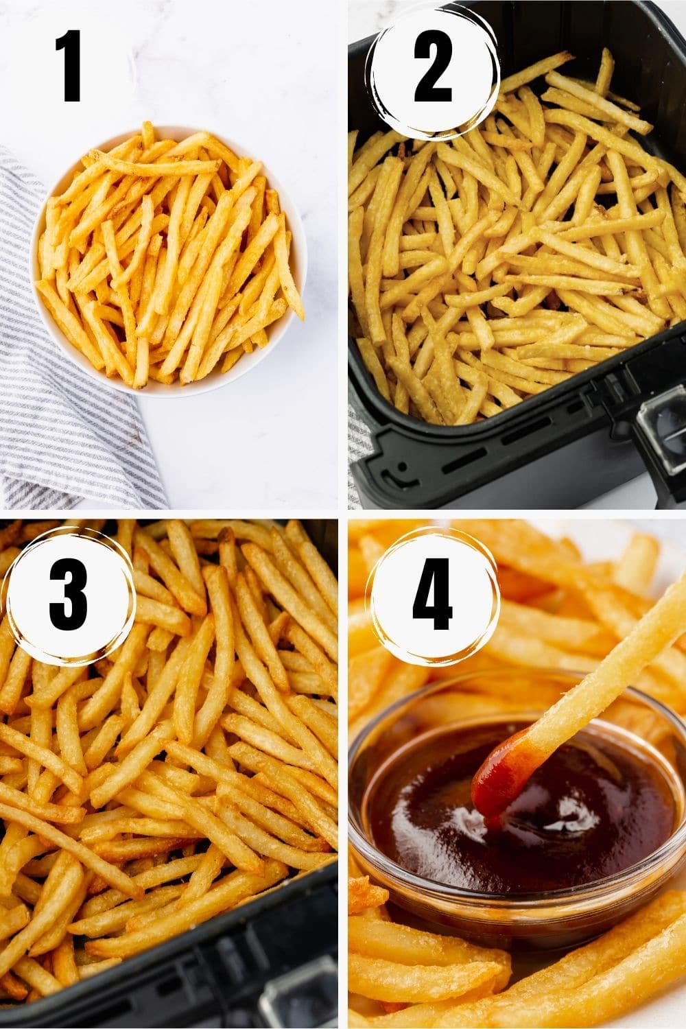 photo collage showing four steps to reheat fries in the air fryer