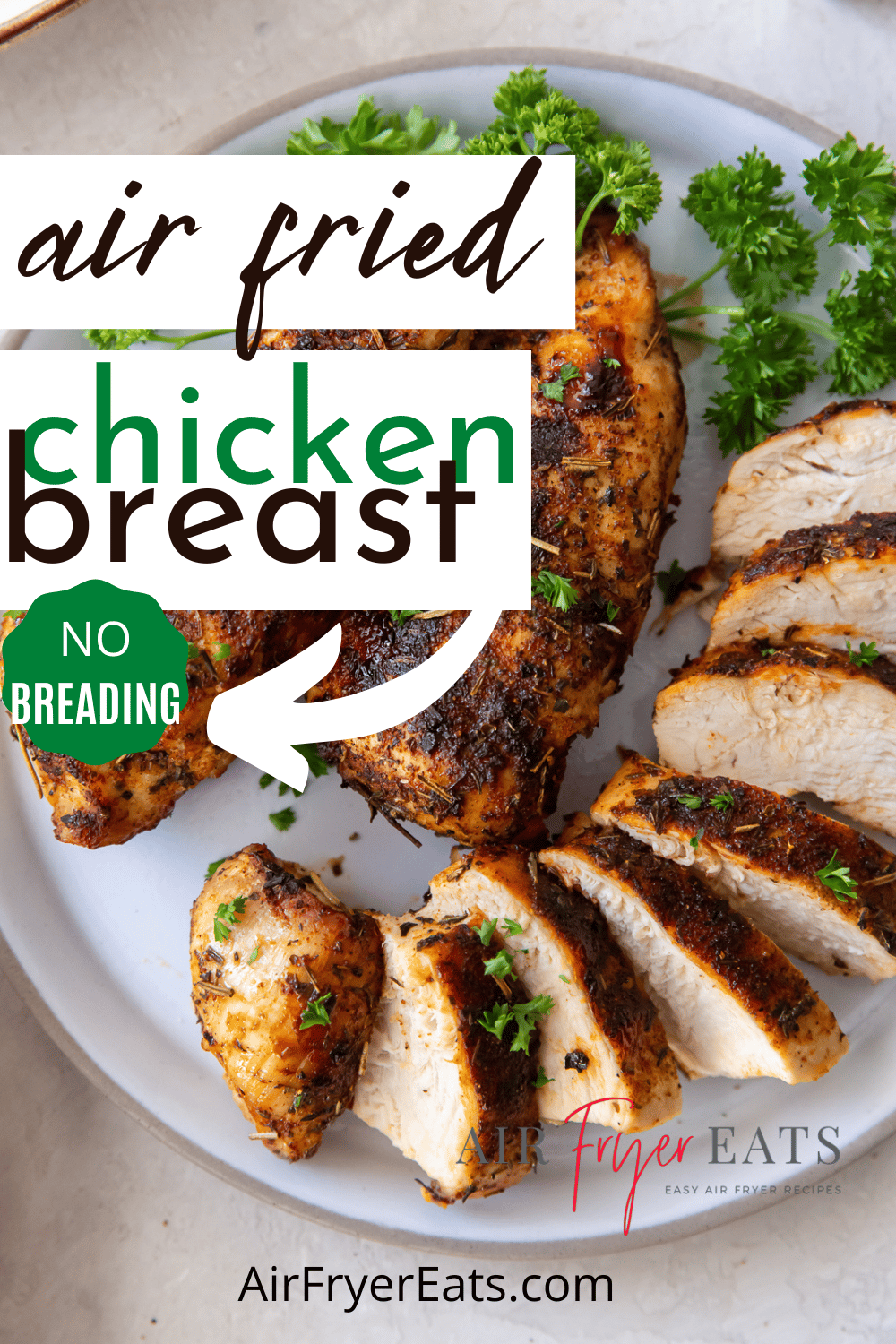 This air fryer chicken breast no breading is the tastiest, foolproof chicken that you can make! This easy recipe cooks in 18 minutes and is gluten-free friendly! via @vegetarianmamma