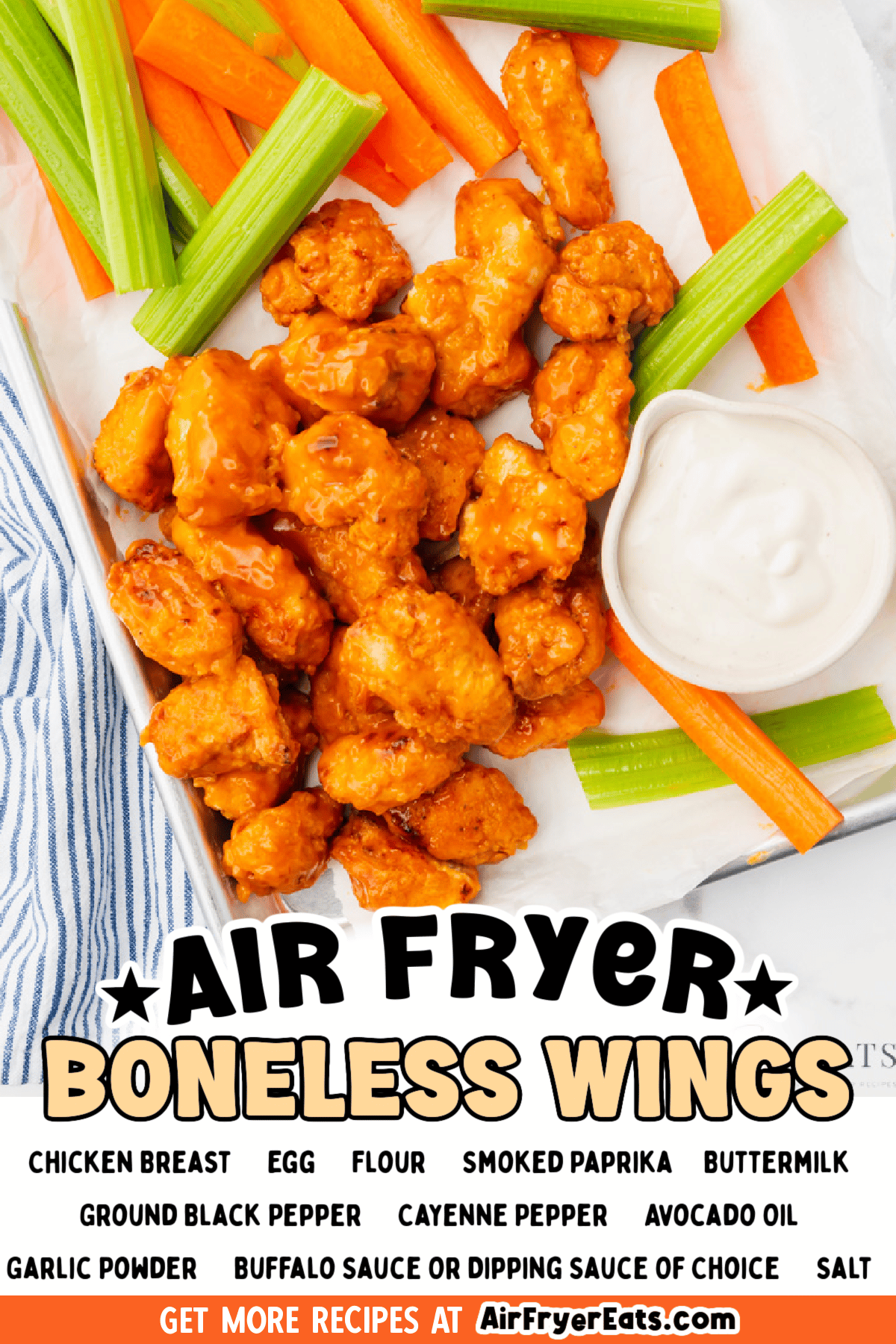 Crispy, homemade Air Fryer Boneless Wings are expertly breaded with simple seasonings and tossed in a spicy buffalo sauce. via @vegetarianmamma