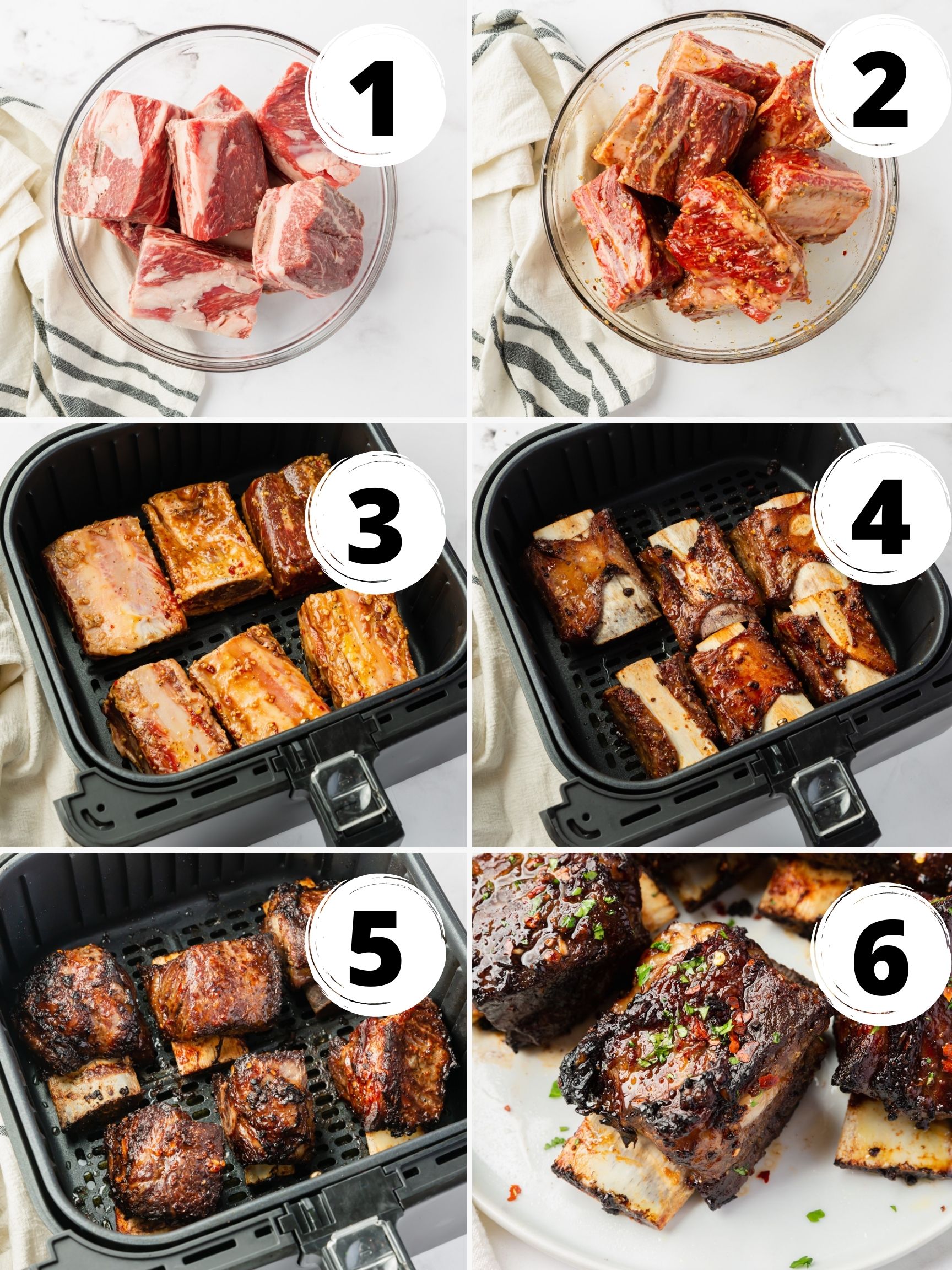 a collage of six images showing step by step how to air fry beef short ribs