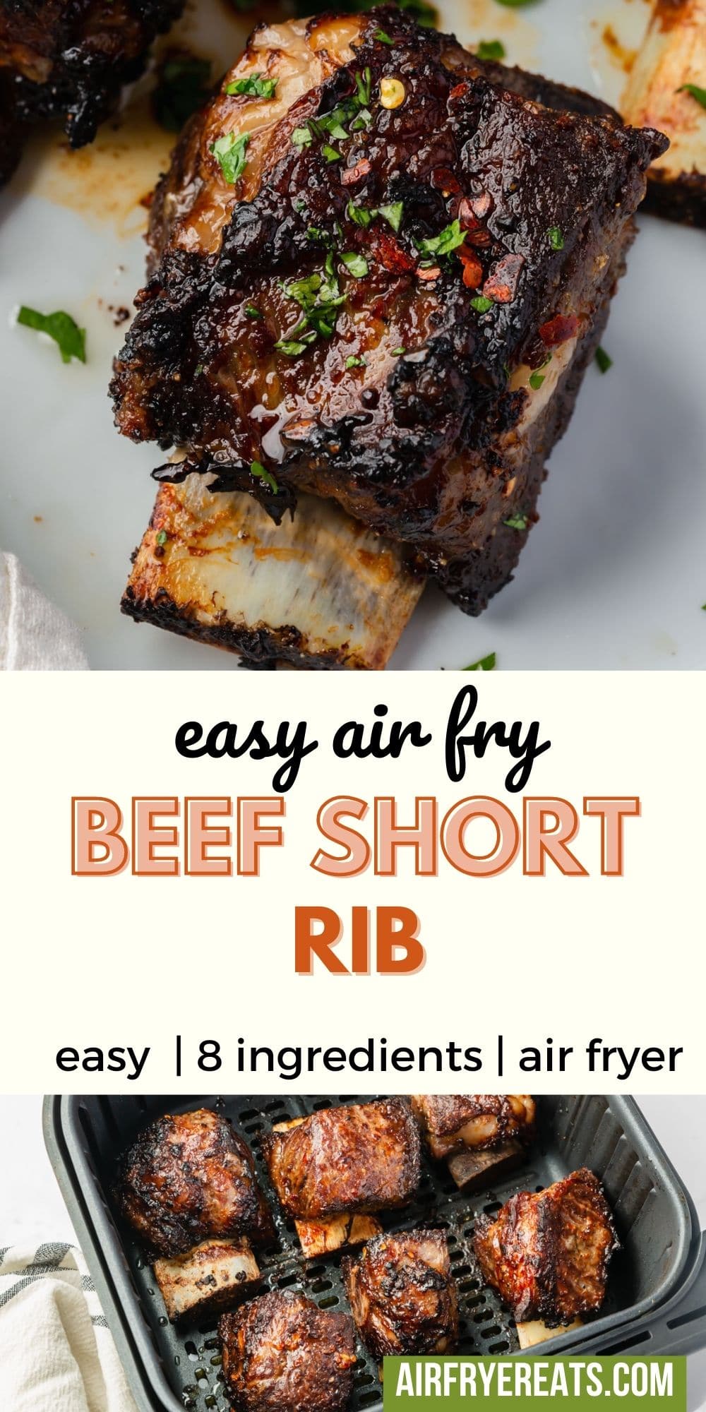 two photos of air fryer beef short ribs with text in the center