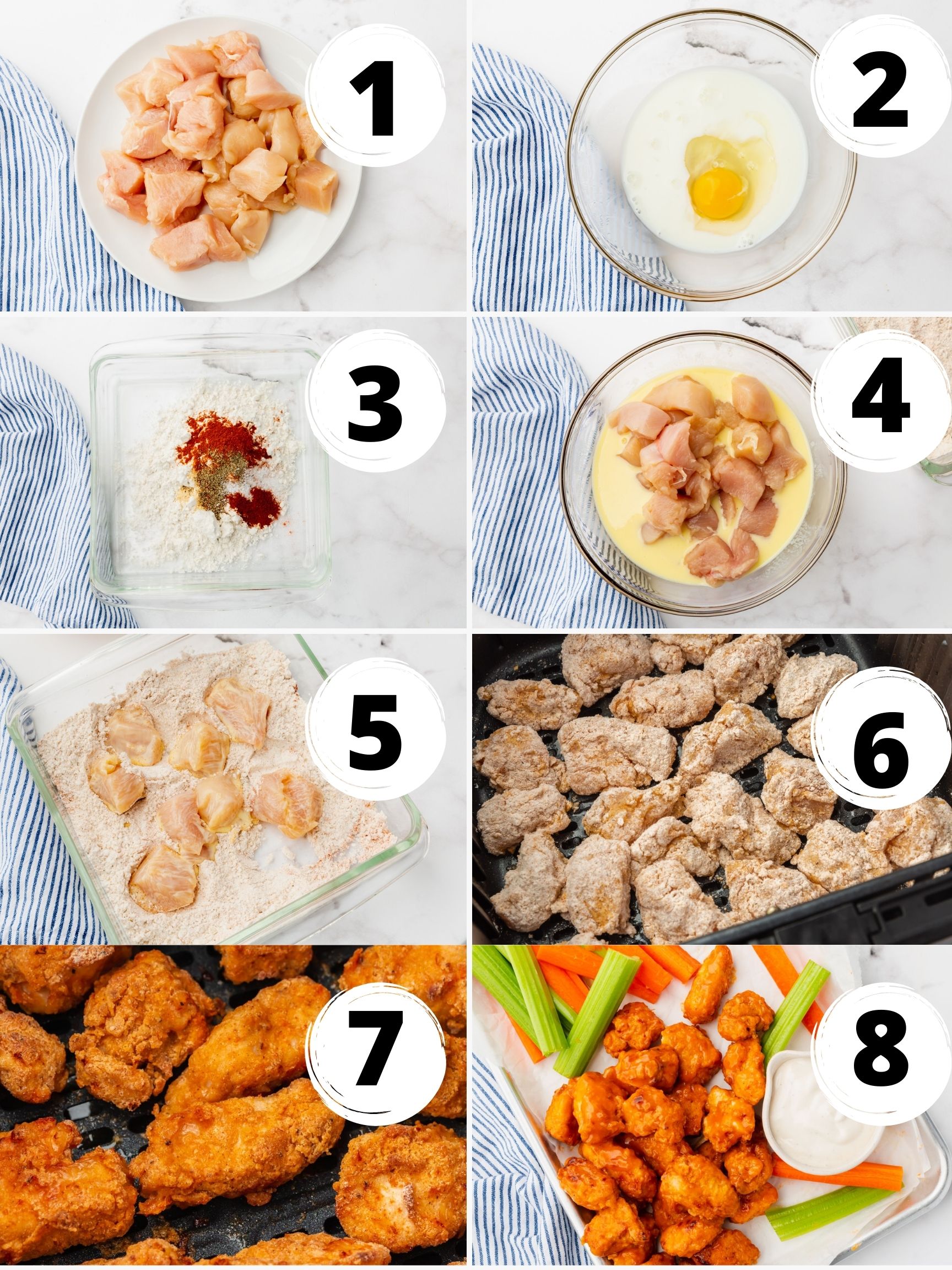 a collage of 8 images showing step by step instructions how to make air fryer boneless wings from scratch