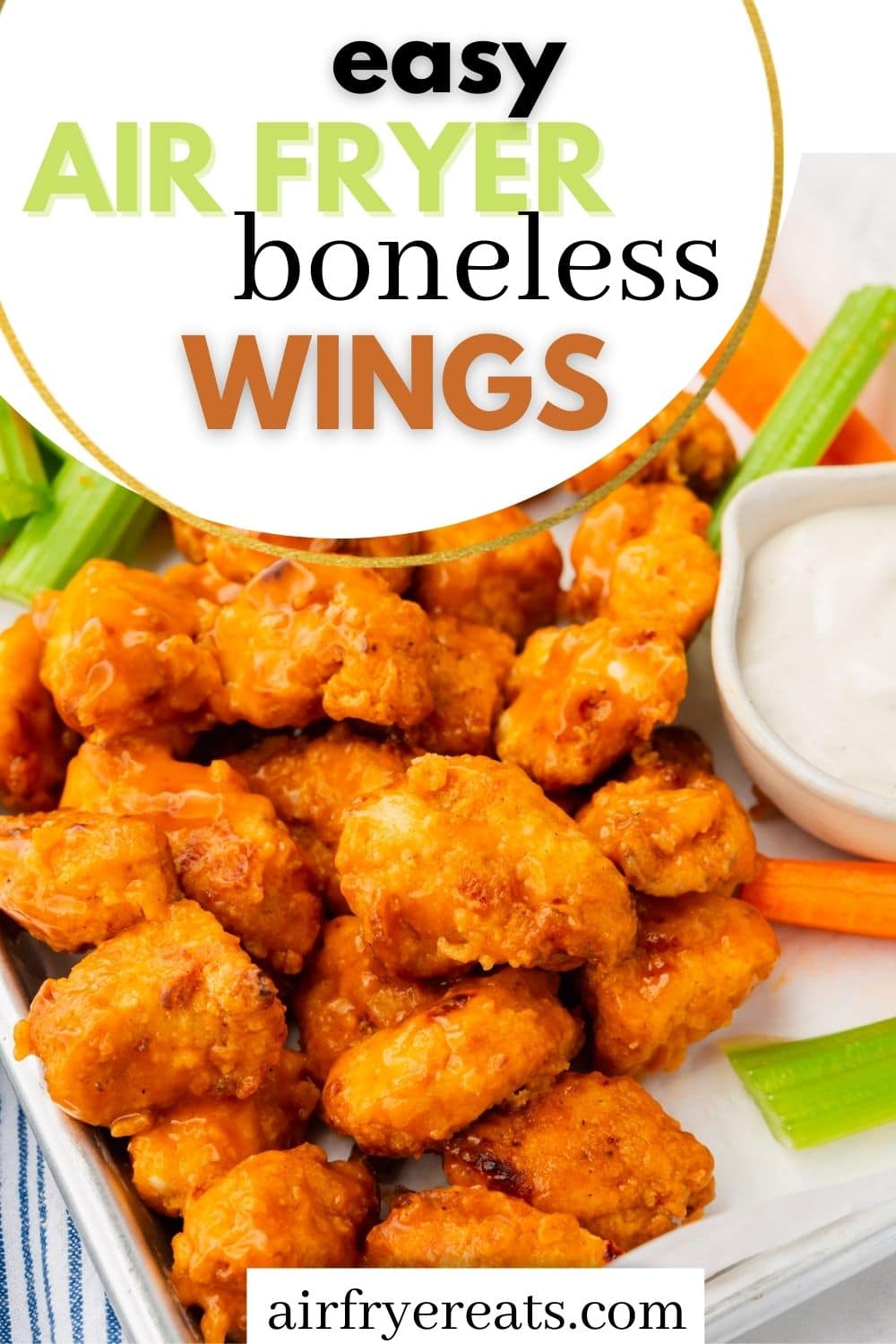 Crispy, homemade Air Fryer Boneless Wings are expertly breaded with simple seasonings and tossed in a spicy buffalo sauce. via @vegetarianmamma