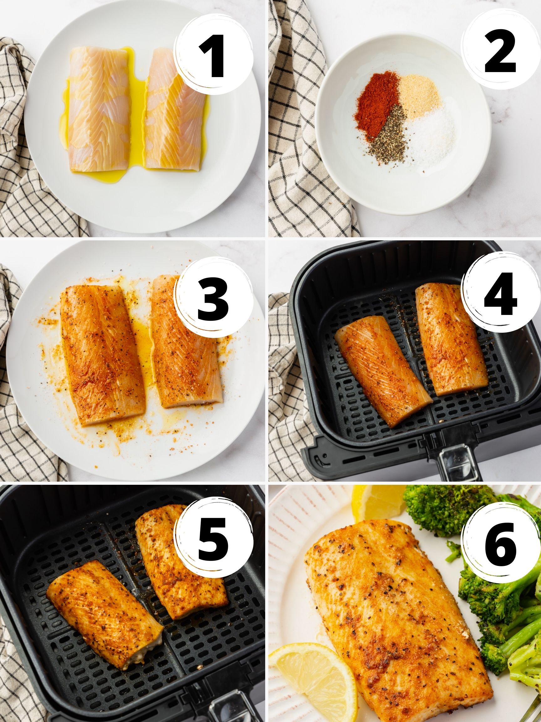 a collage of six images showing how to make mahi mahi in the air fryer. 