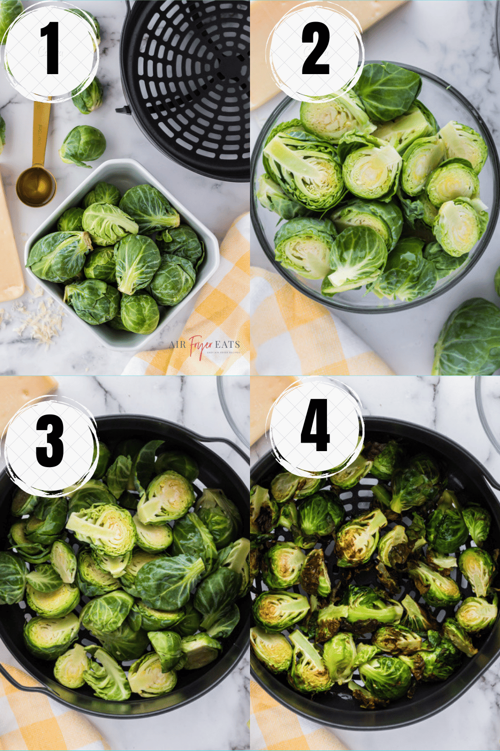 a collage of four images showing how to make roasted brussel sprouts in a ninja foodi air fryer