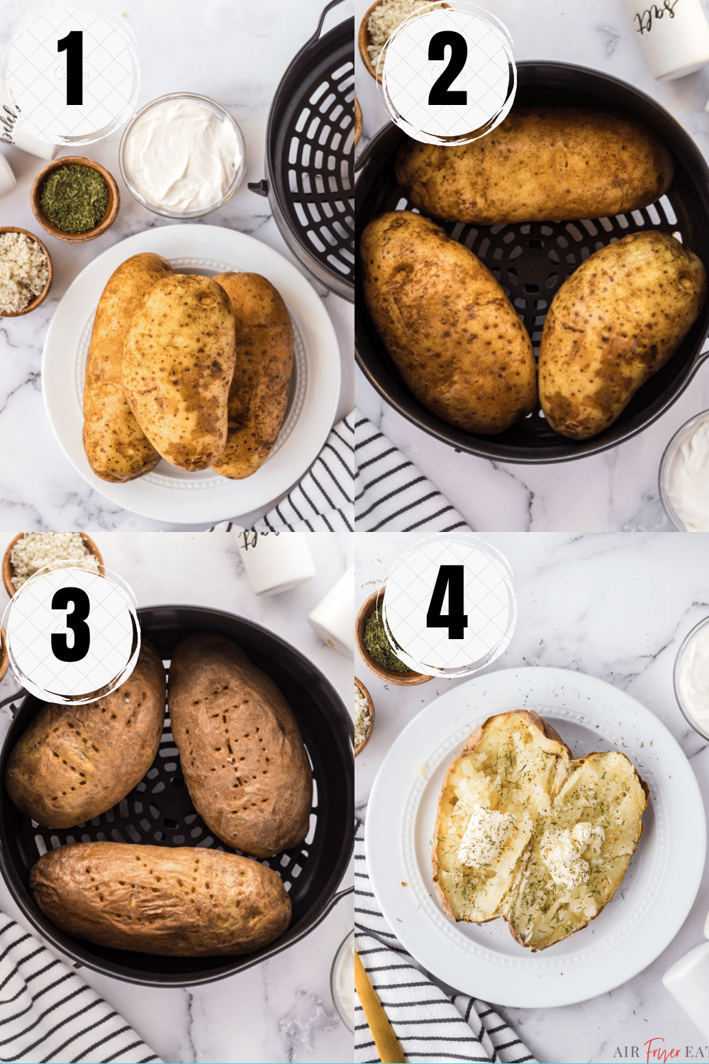 a collage of four images showing steps to make ninja foodi baked potato