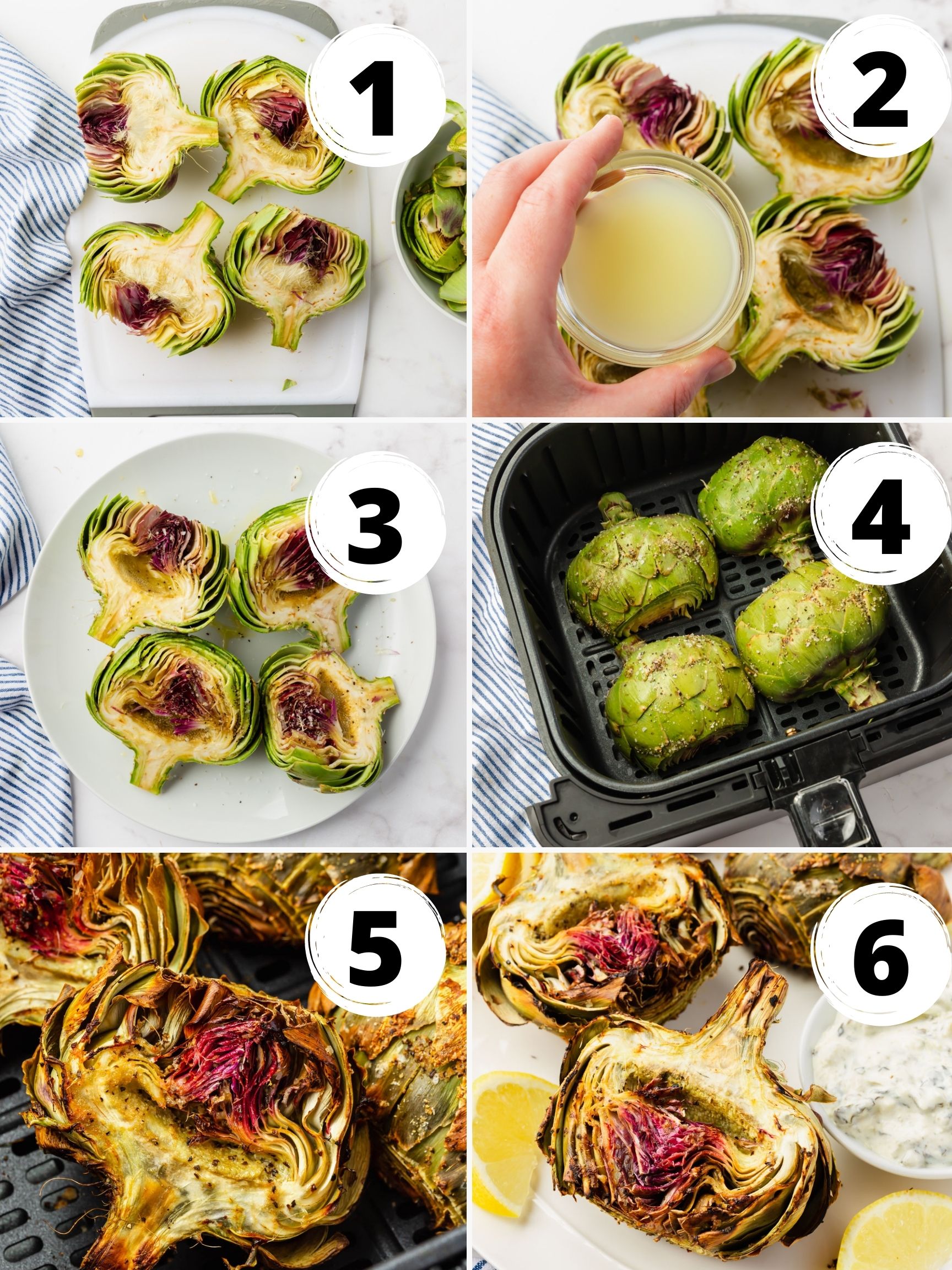 a collage of six images showing the process of making air fryer artichokes