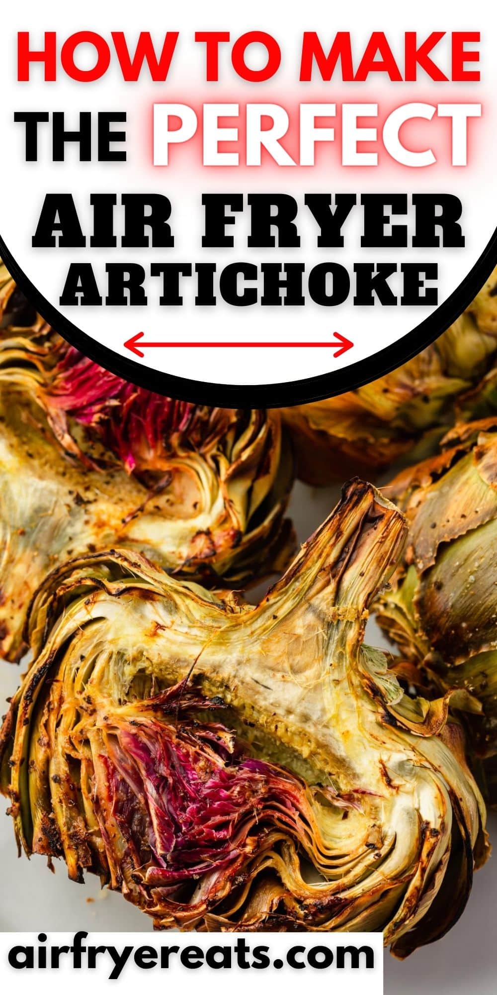 a roasted artichoke. Text at top of image says "how to make the perfect air fryer artichokes" via @vegetarianmamma