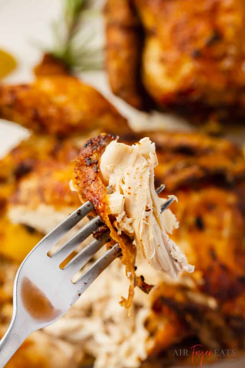 a fork holding up a bite of air fried cornish hen.