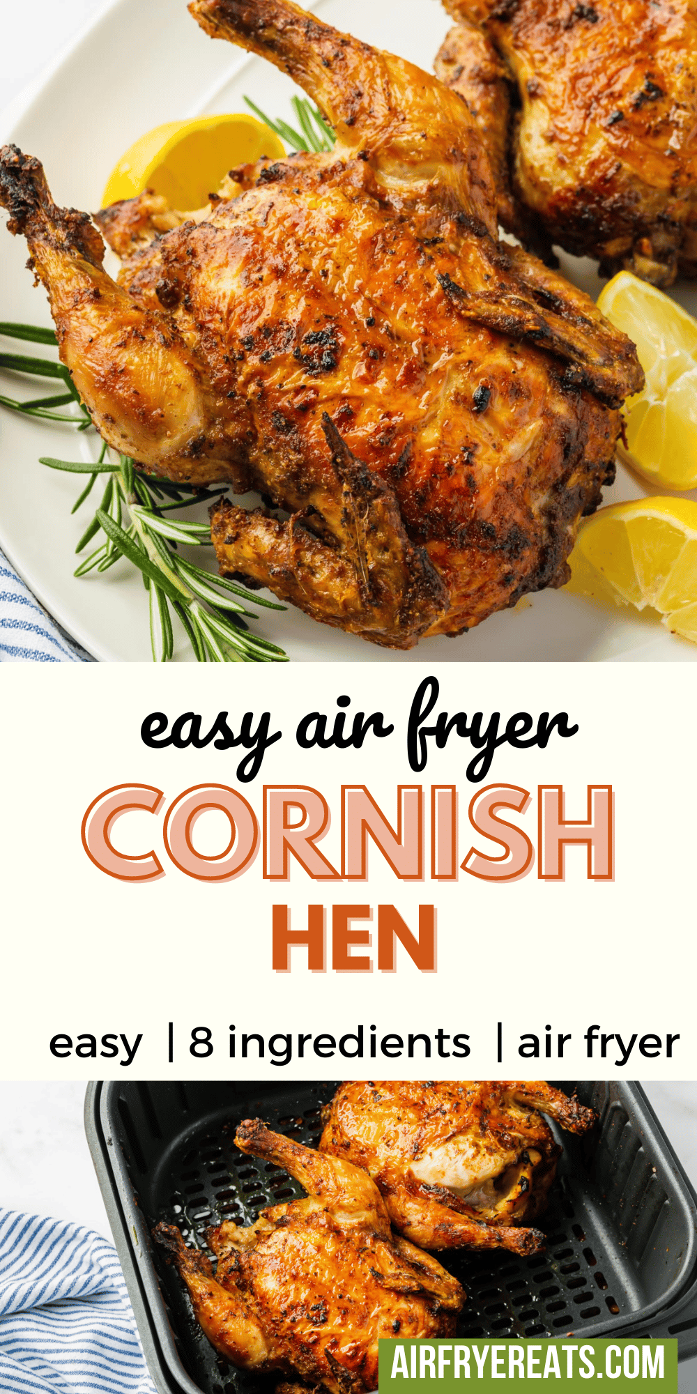 You can cook cornish hen in the air fryer! Your air fryer cornish hen will have crispy skin and the most tender, juicy meat, with very little fuss. via @vegetarianmamma