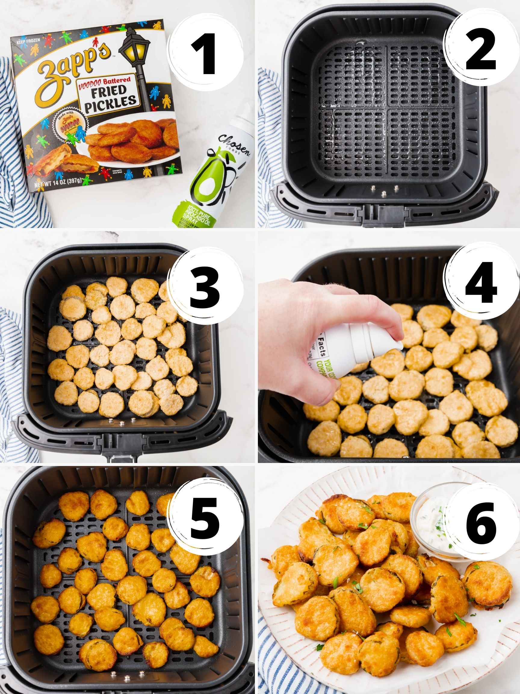 a collage of six images showing how to make air fryer frozen fried pickles
