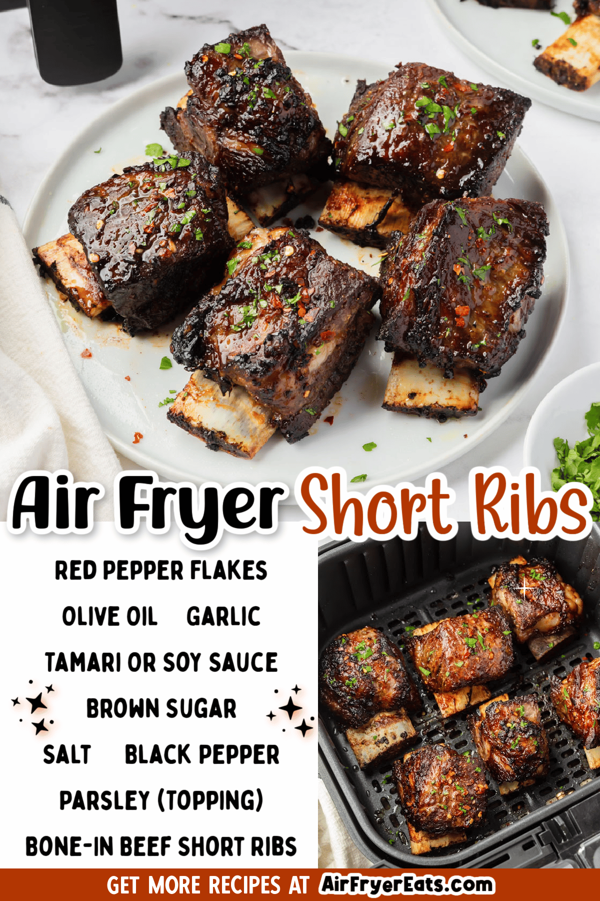 Enjoy these delicious Korean-style Air Fryer Short Ribs, at home, and in under 30 minutes! When you make beef short ribs in air fryer, you'll be amazed at how flavorful they are and how easy they are to make. via @vegetarianmamma