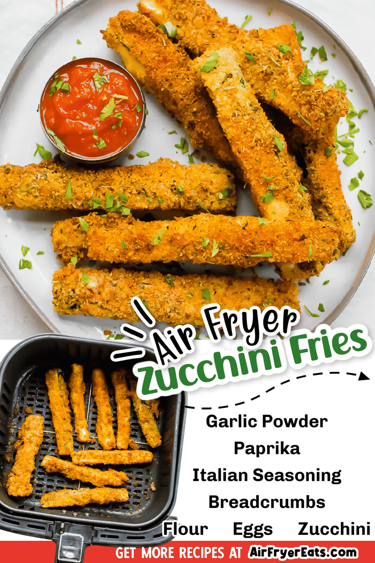 Air Fryer Zucchini Fries are a quick and easy healthy side dish! A few basic pantry ingredients turns your fresh zucchini into delicious, crunchy fries. #vegetarian #airfryer #zucchinifries via @vegetarianmamma