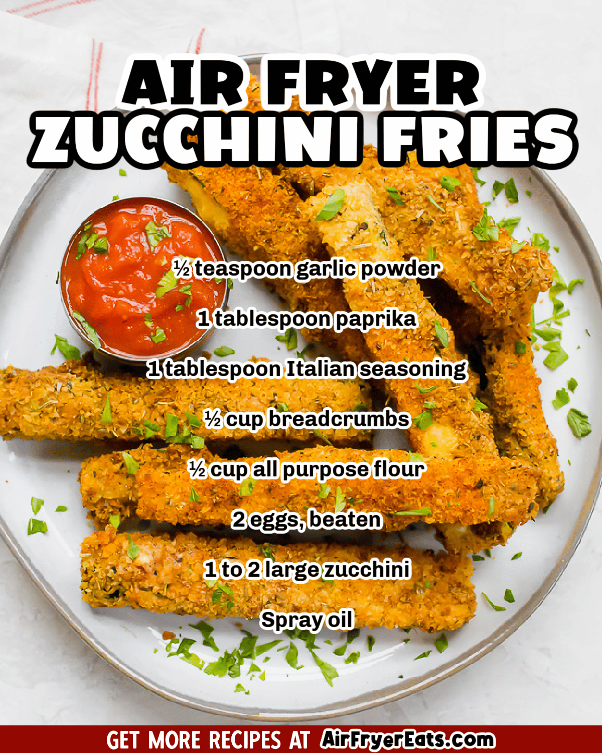 Air Fryer Zucchini Fries are a quick and easy healthy side dish! A few basic pantry ingredients turns your fresh zucchini into delicious, crunchy fries. #vegetarian #airfryer #zucchinifries via @vegetarianmamma