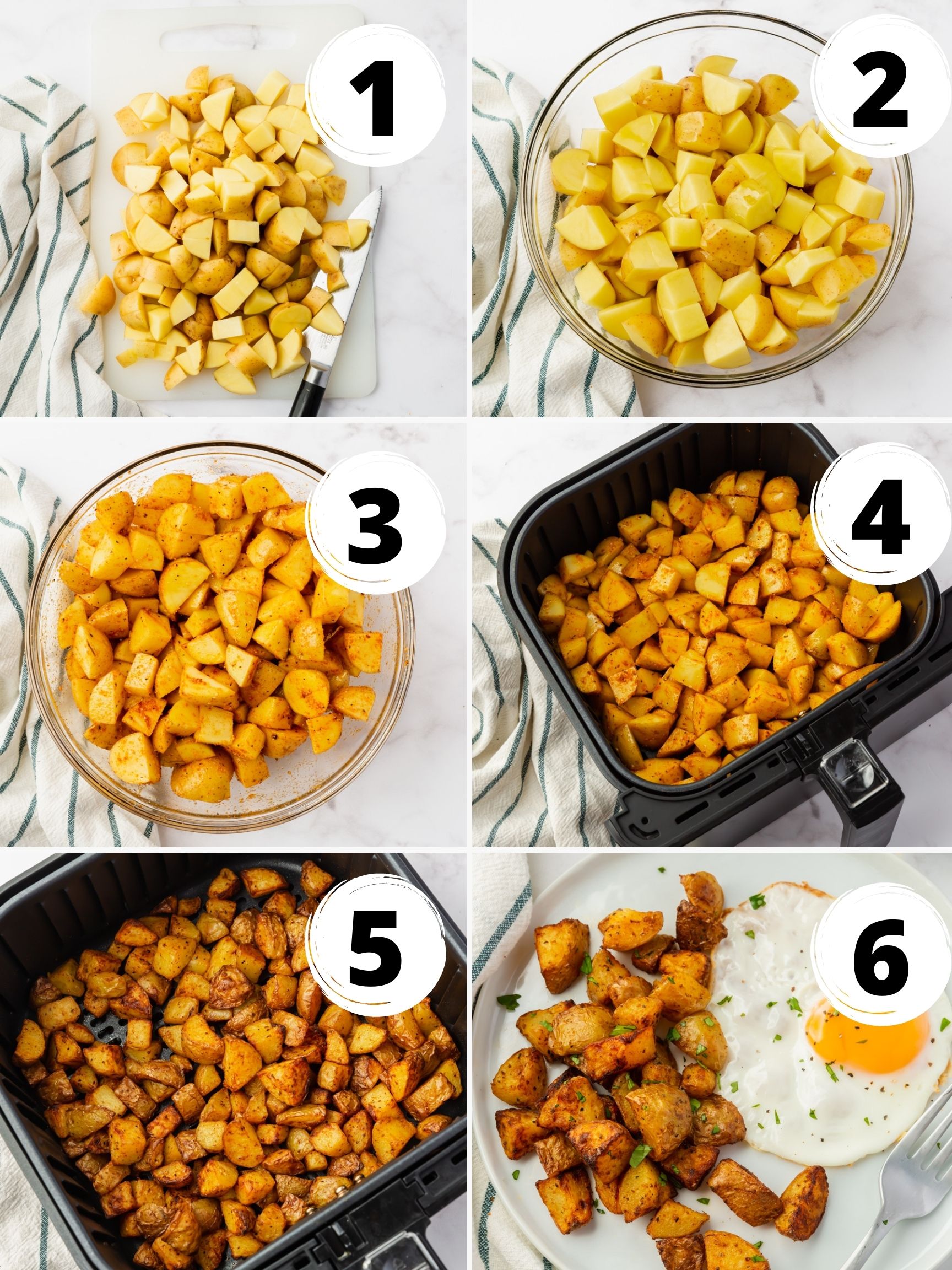 a collage of 6 images showing the process of making air fryer home fries. Final image shows homefries on a plate with fried egg