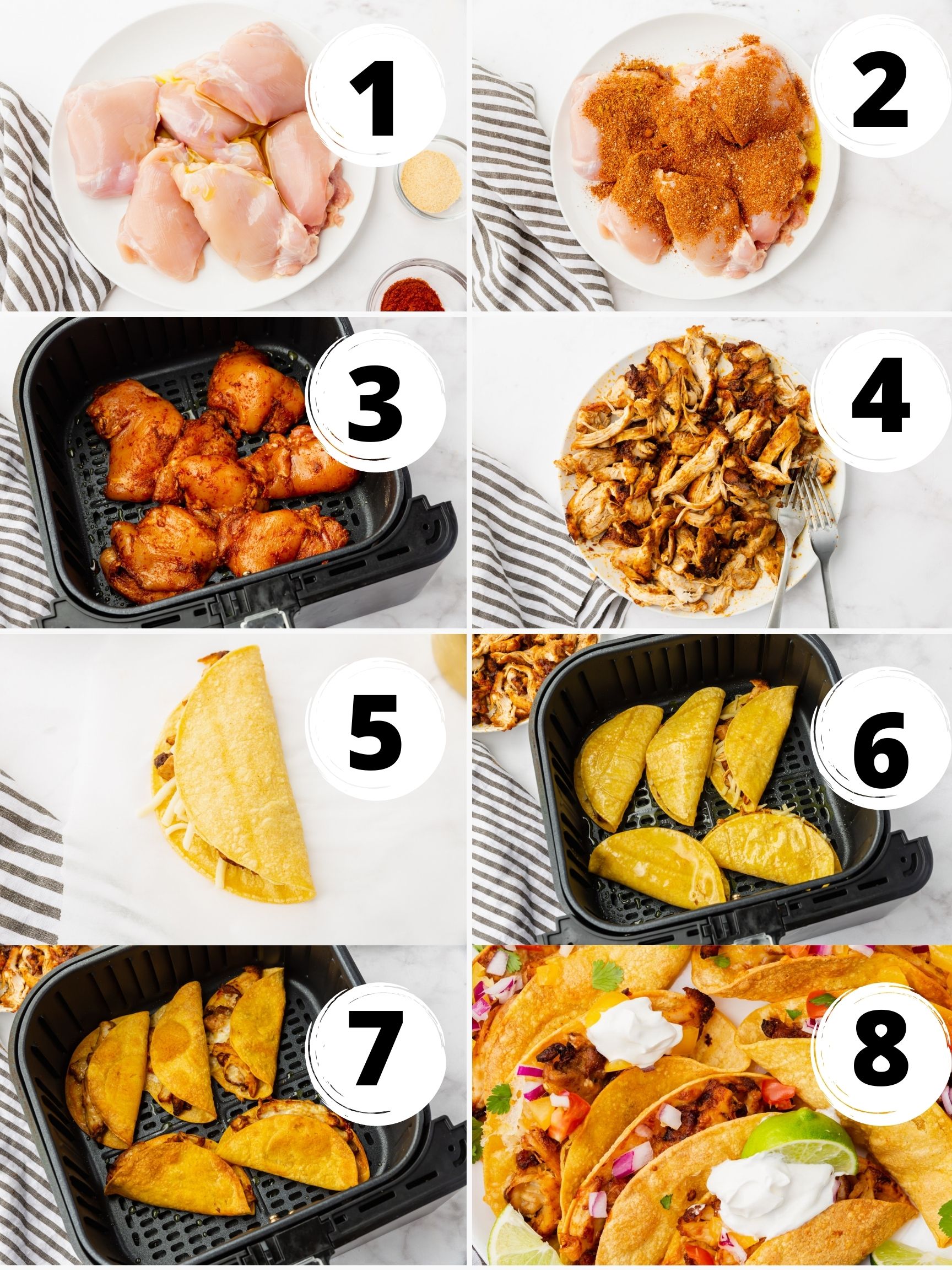 a collage of eight images showing the steps to make air fryer tacos
