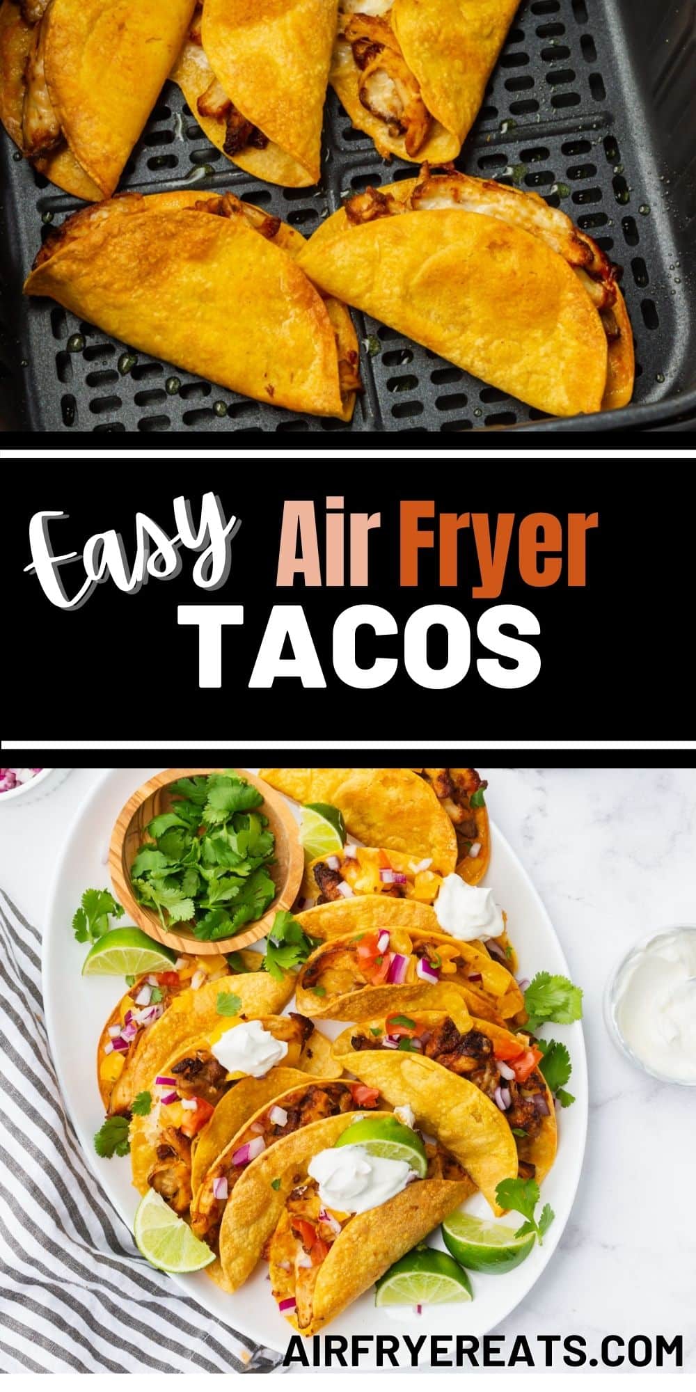 Make the best Air Fryer Tacos with this easy recipe, featuring perfectly seasoned shredded chicken thighs, melty cheese, and crispy air fried taco shells. via @vegetarianmamma