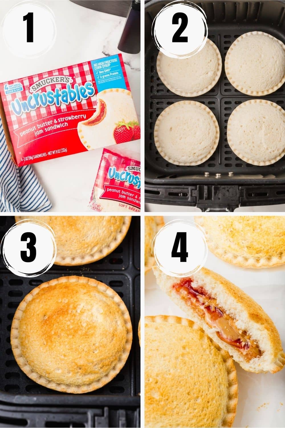 a collage of four images showing how to make uncrustables in air fryer