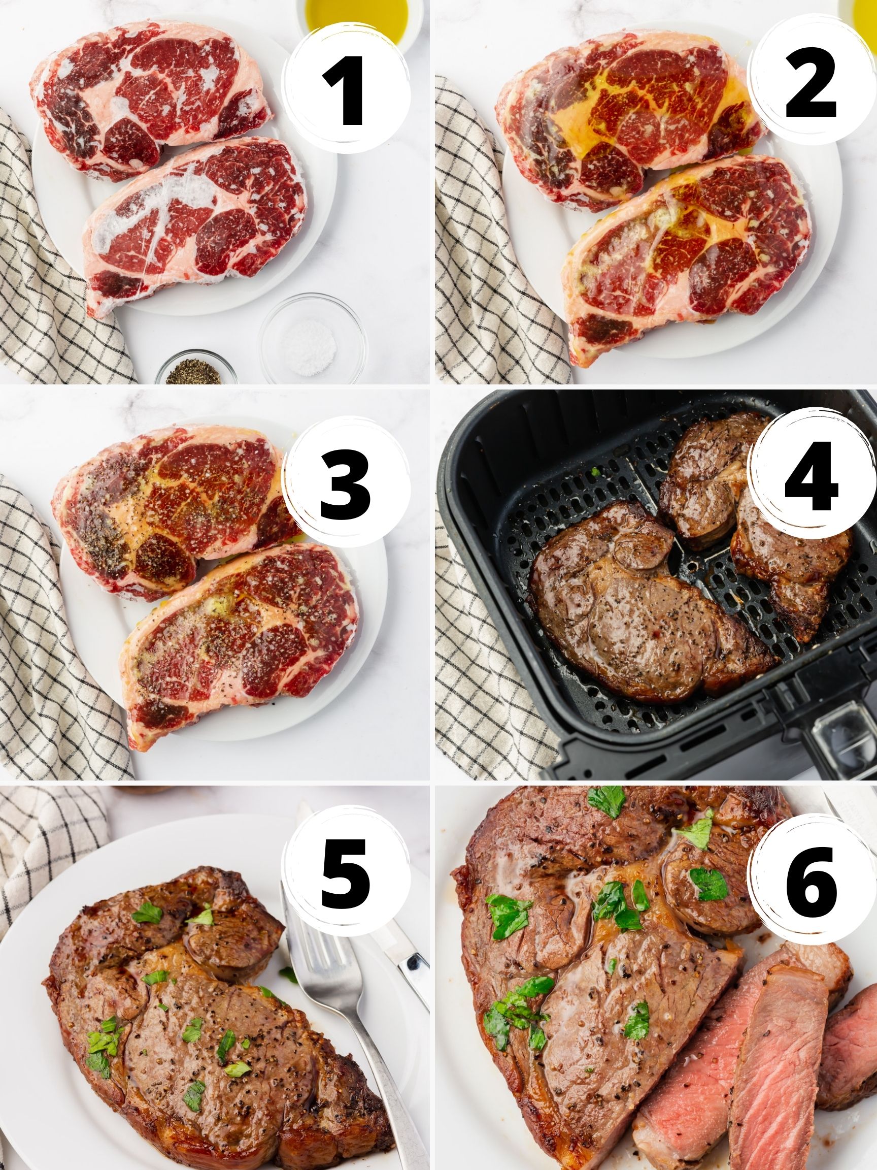 a collage of six images showing how to cook a frozen steak in air fryer