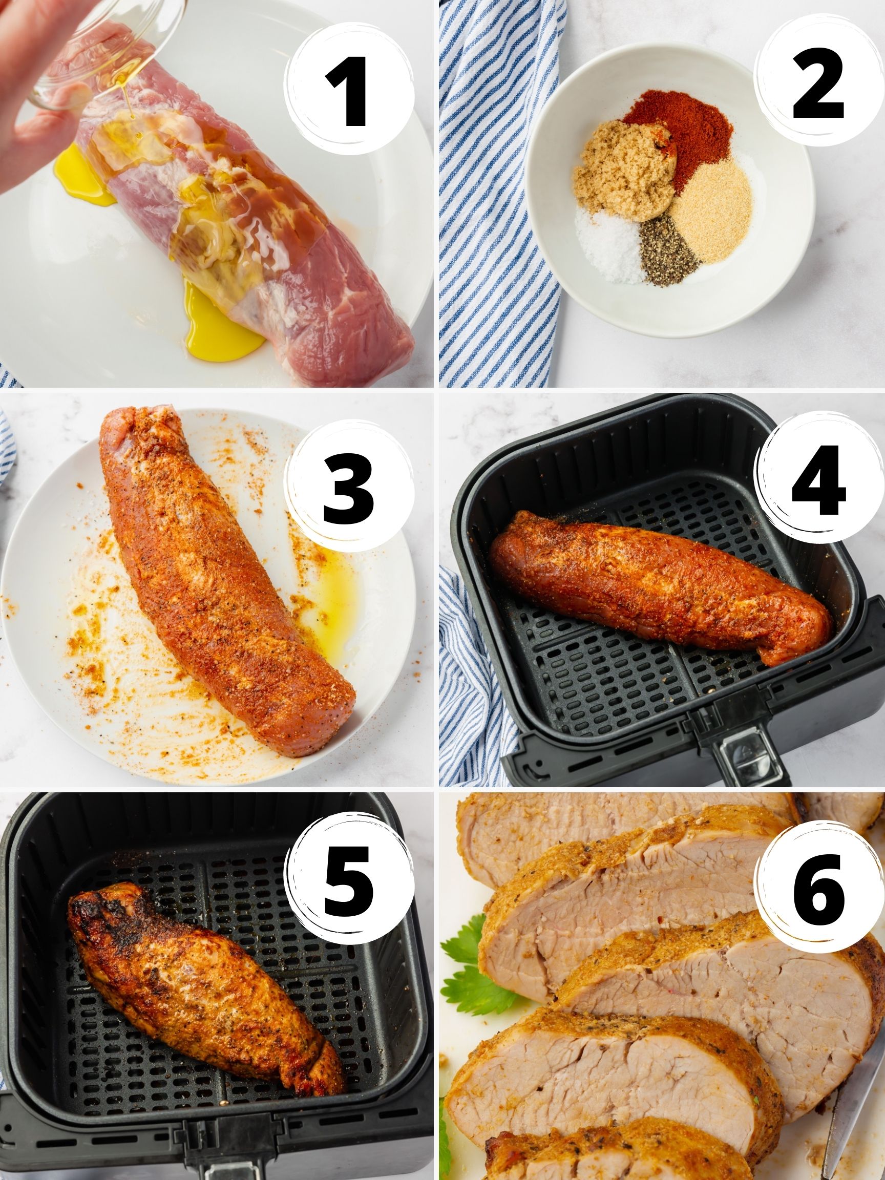 a collage of six images showing how to make air fryer pork loin