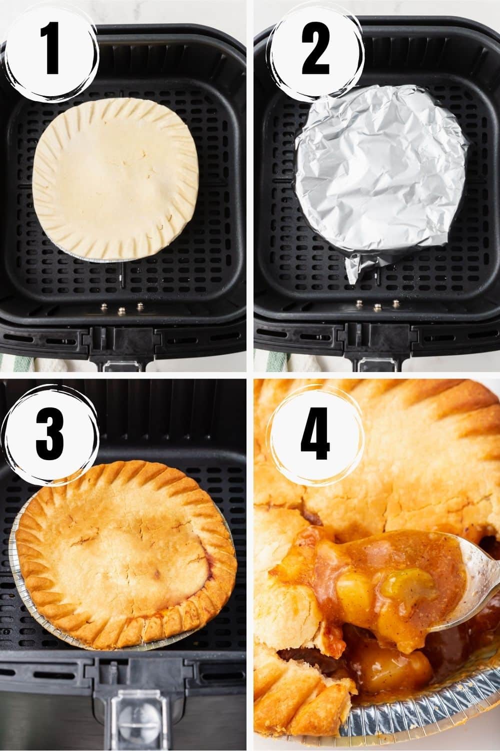 A collage of four images showing how to make a frozen pot pie in air fryer
