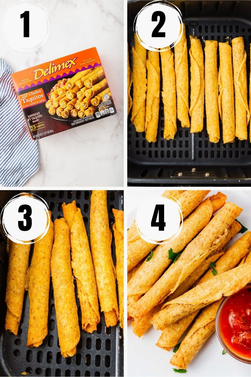 a collage of four images showing how to make frozen taquitos in air fryer