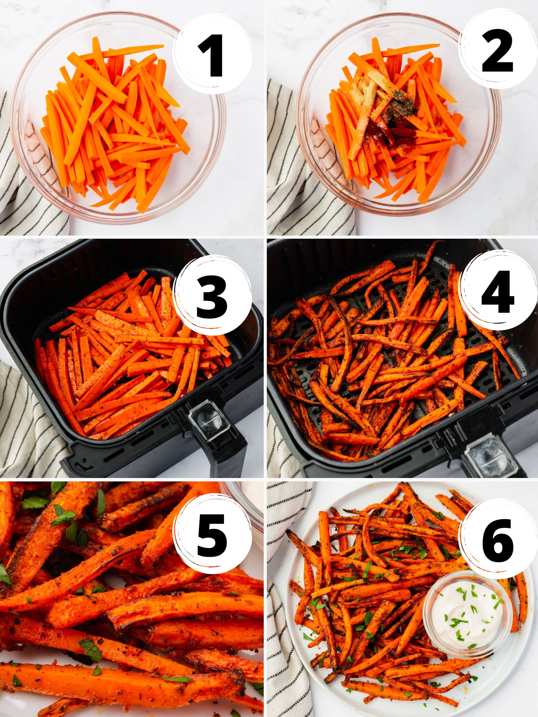 a collage of six images showing how to make carrot fries air fryer