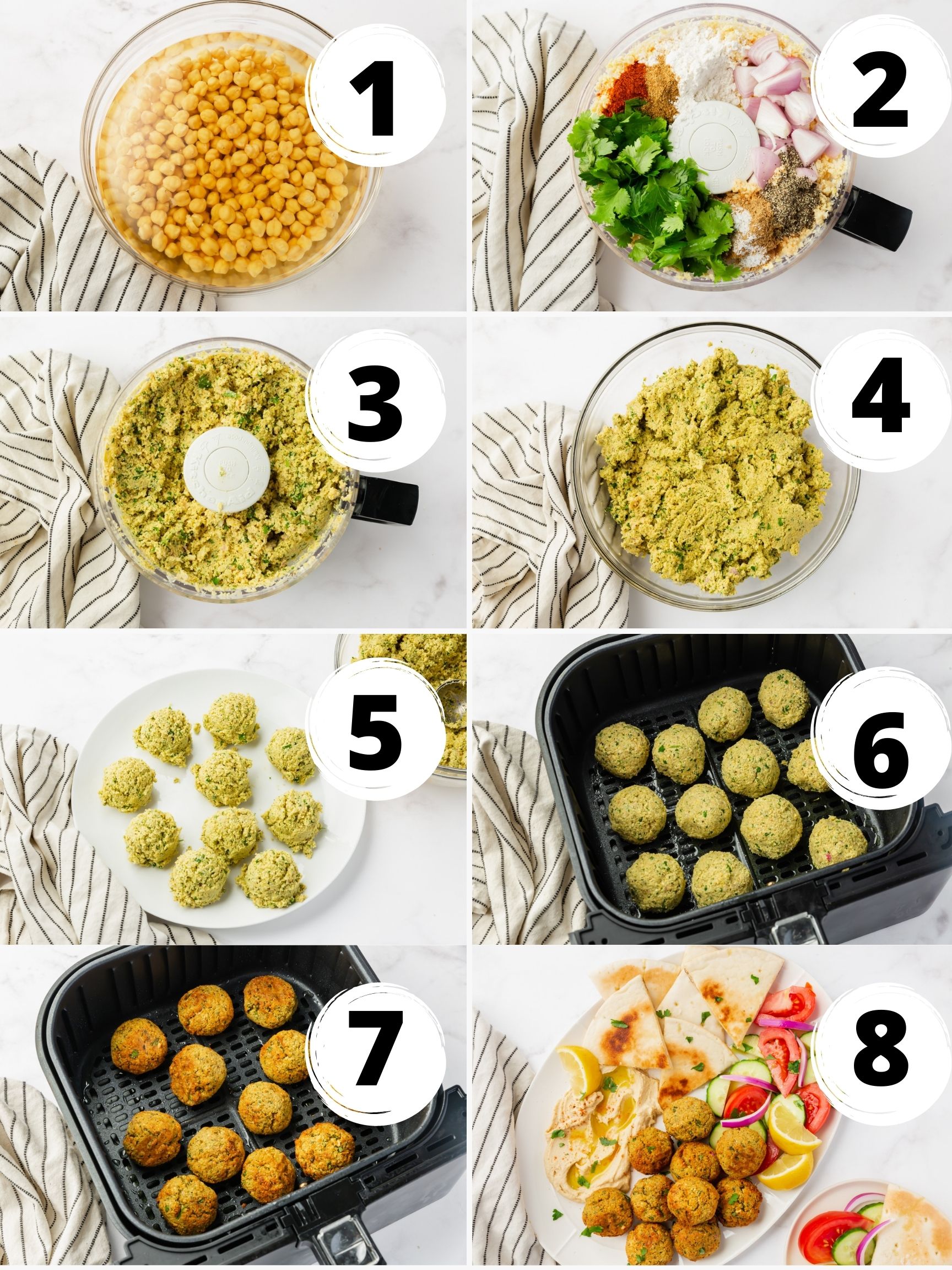 a photo collage of the 8 steps needed to make falafel in the air fryer