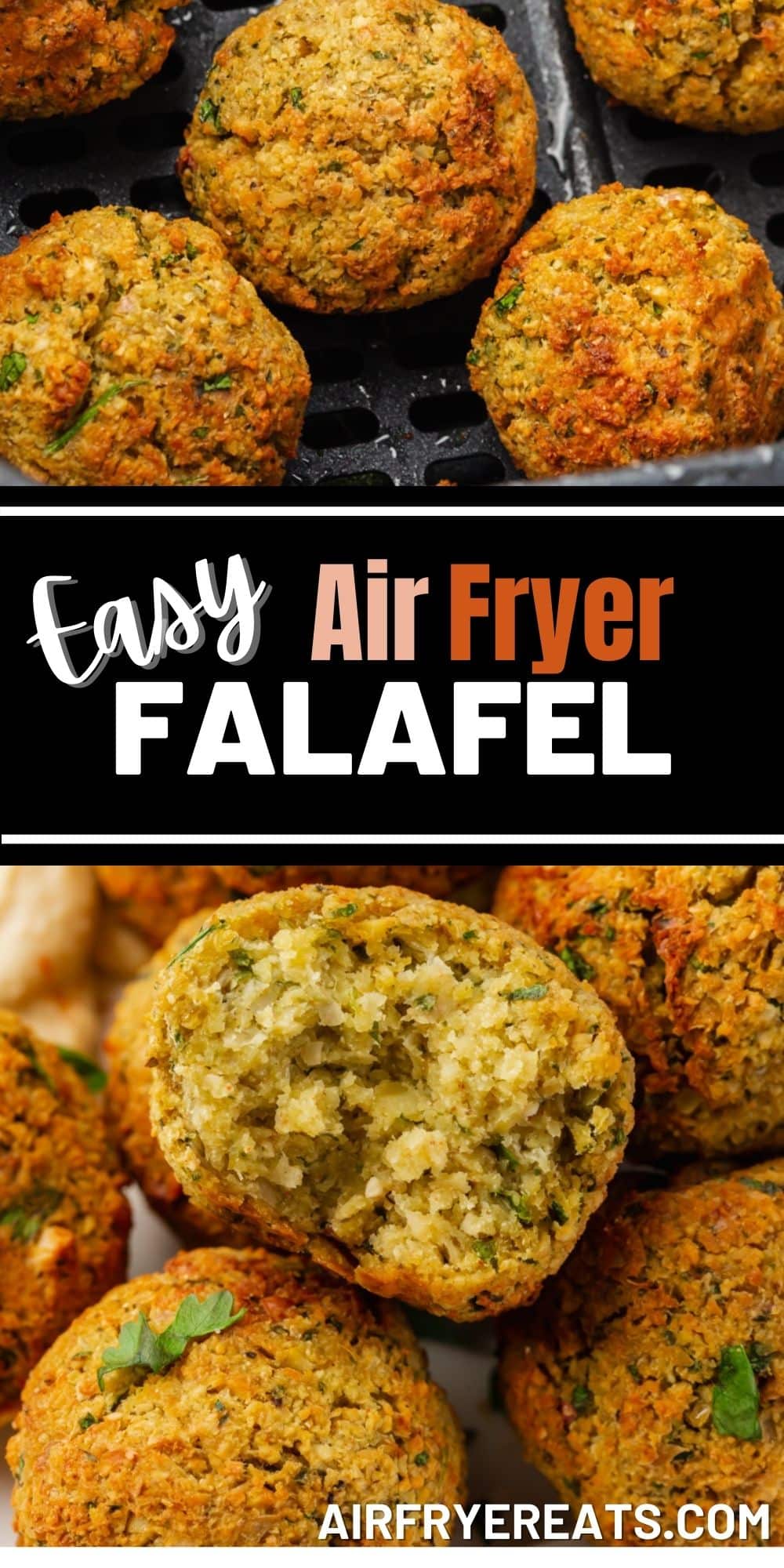 photos of air fryer falafel, with a black box in the center. Text reads, "easy air fryer falafel"
