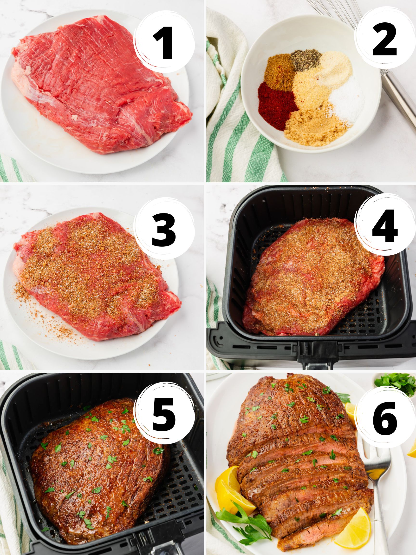 a collage of 6 images showing how to make flank steak in an air fryer.