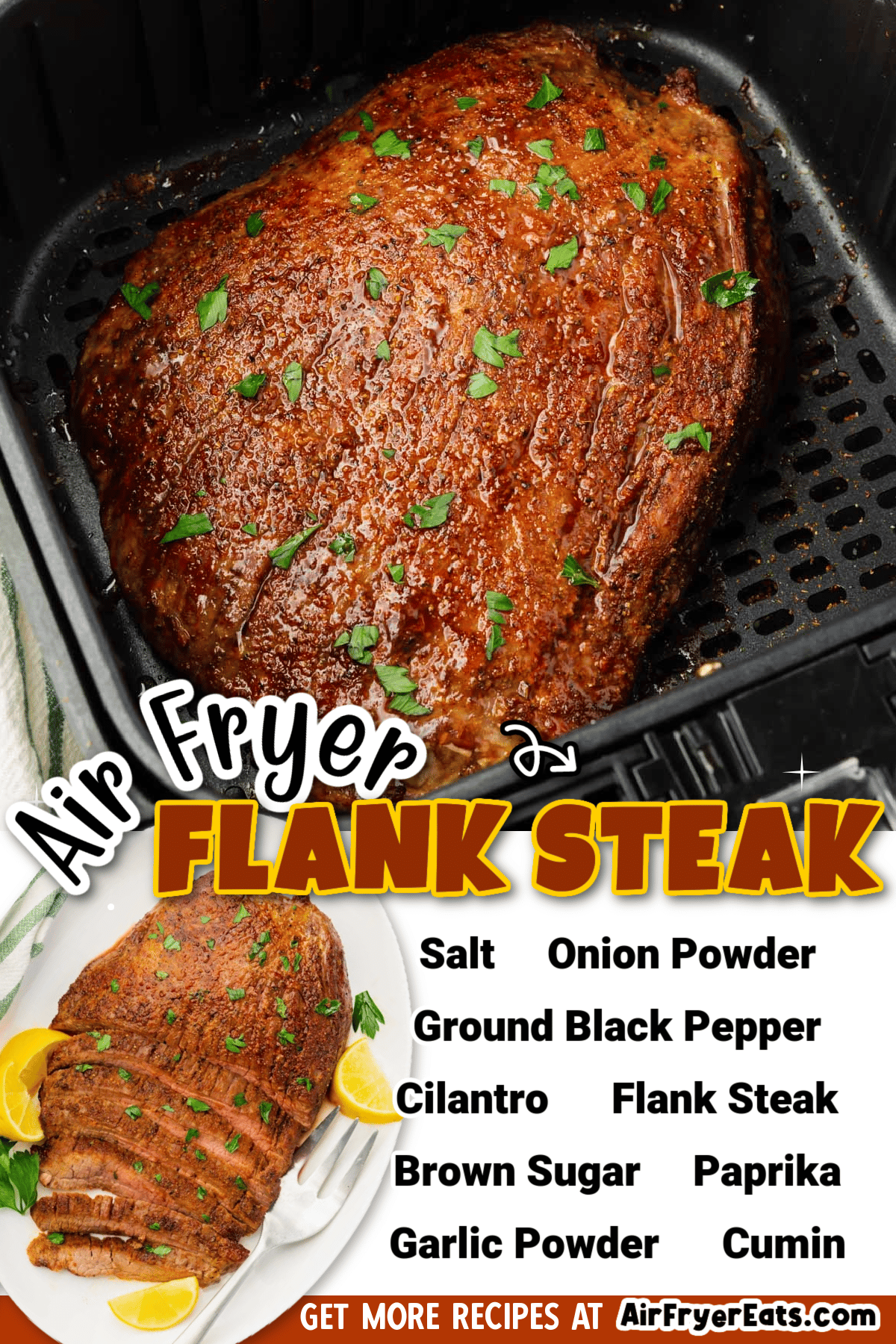 This Air Fryer Flank Steak Recipe is so easy! A flavorful dry rub turns an inexpensive cut of beef into a juicy steak in less than 20 minutes. via @vegetarianmamma