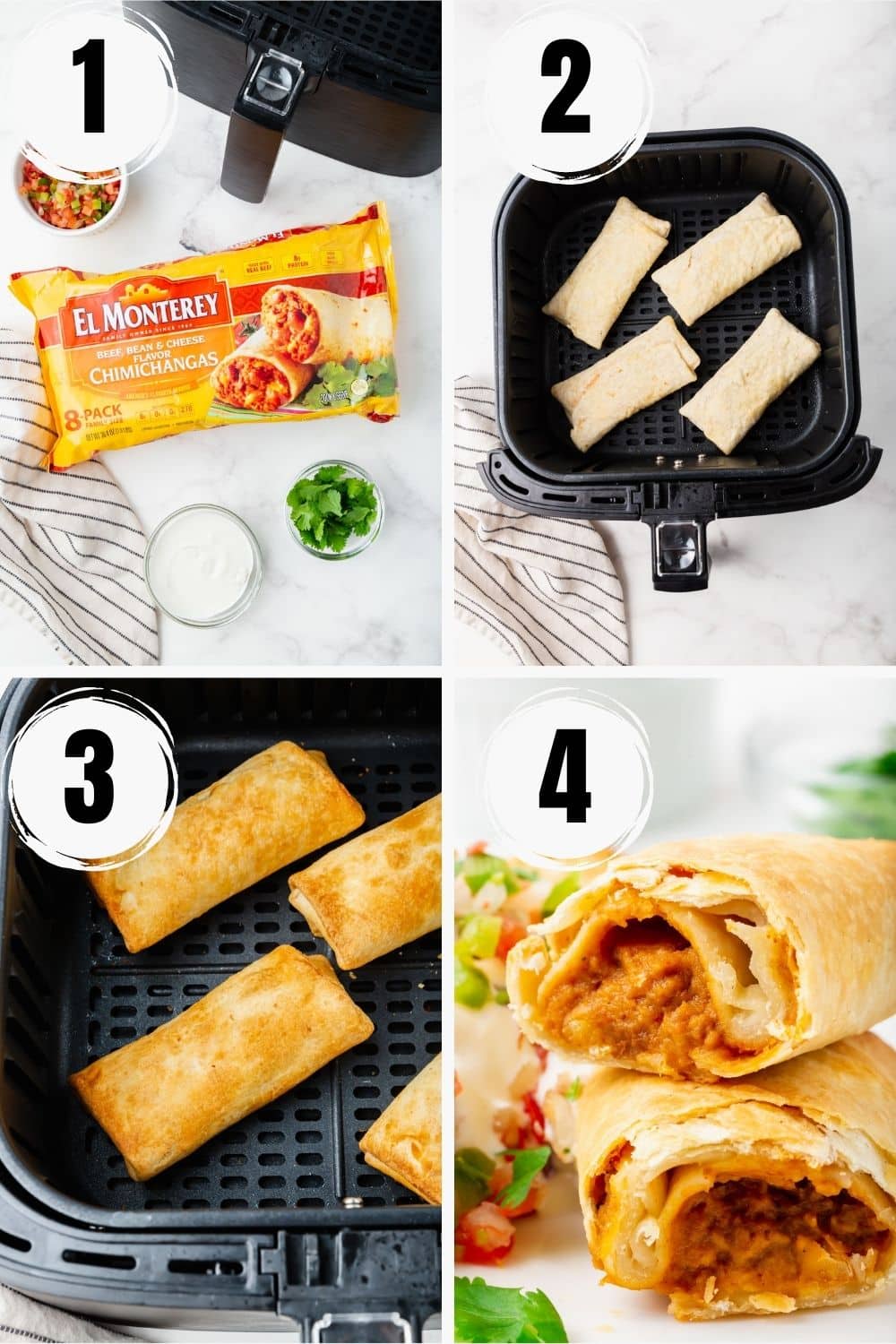 a collage of four images showing how to cook frozen chimichanga in air fryer