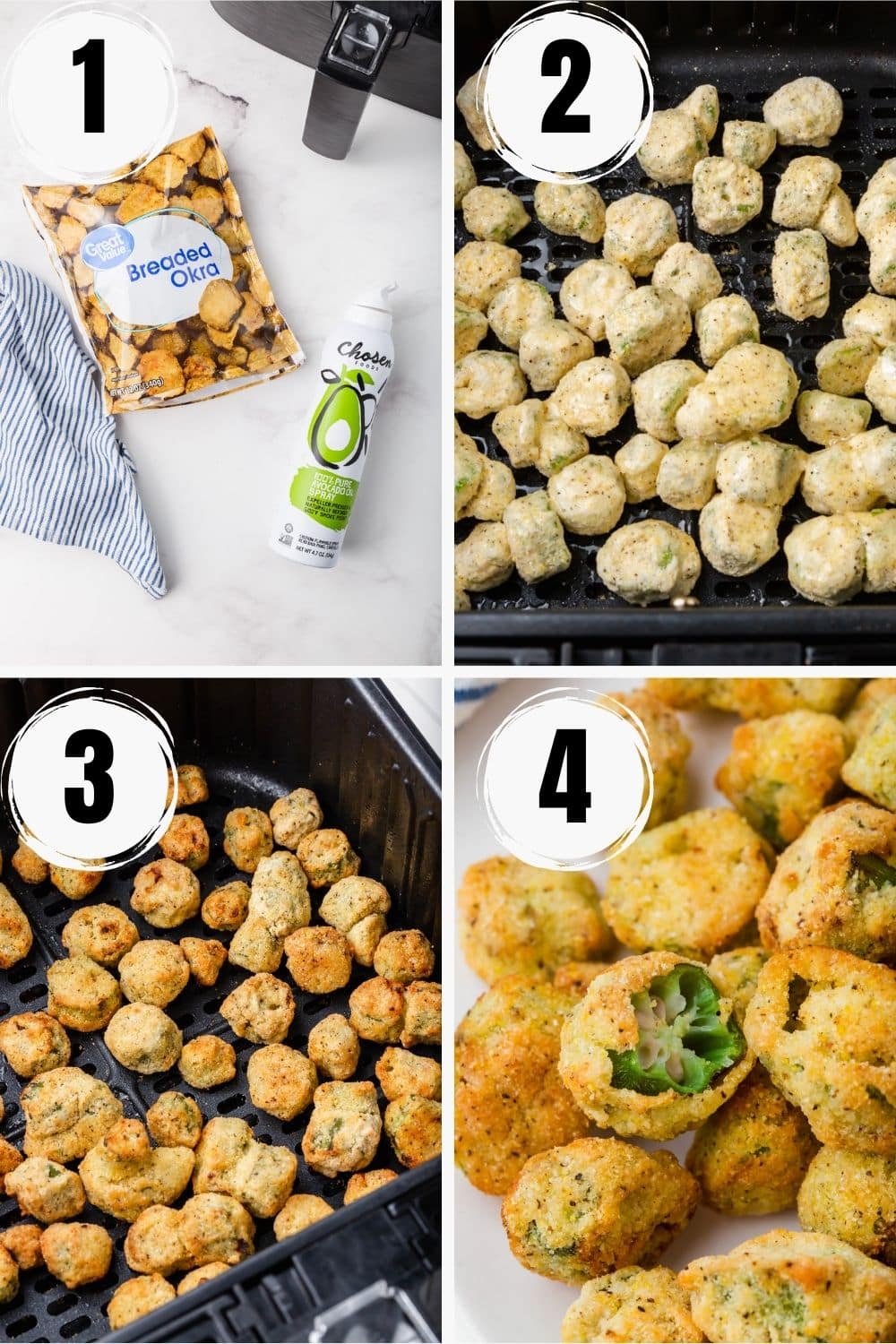 a collage of four numbered images showing how to make frozen okra in air fryer