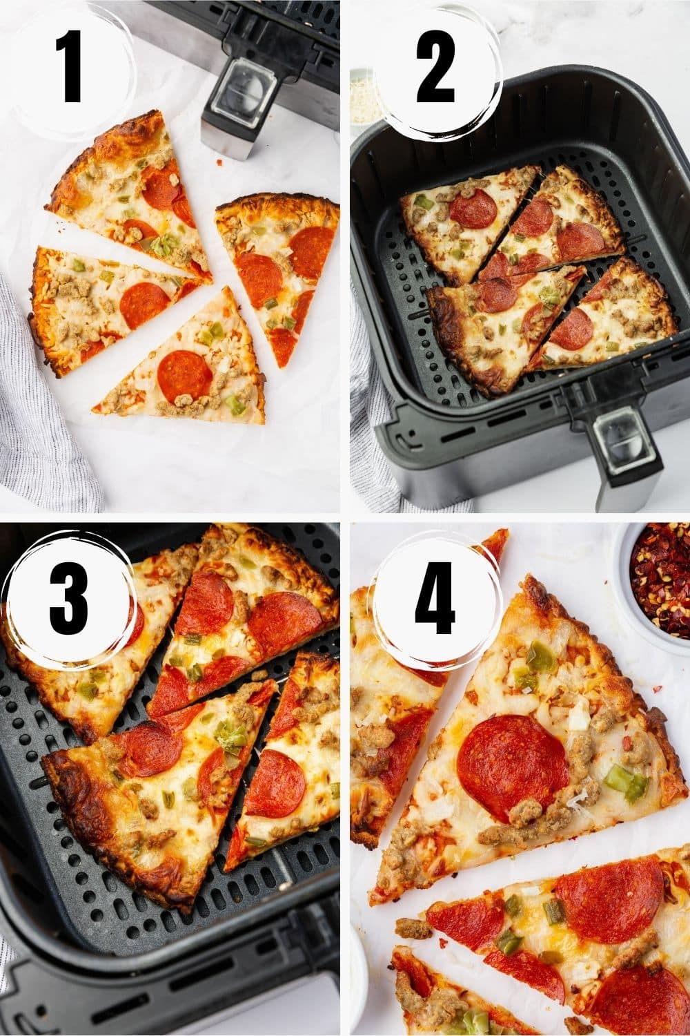 A collage of four images showing the steps to reheat pizzas in air fryer