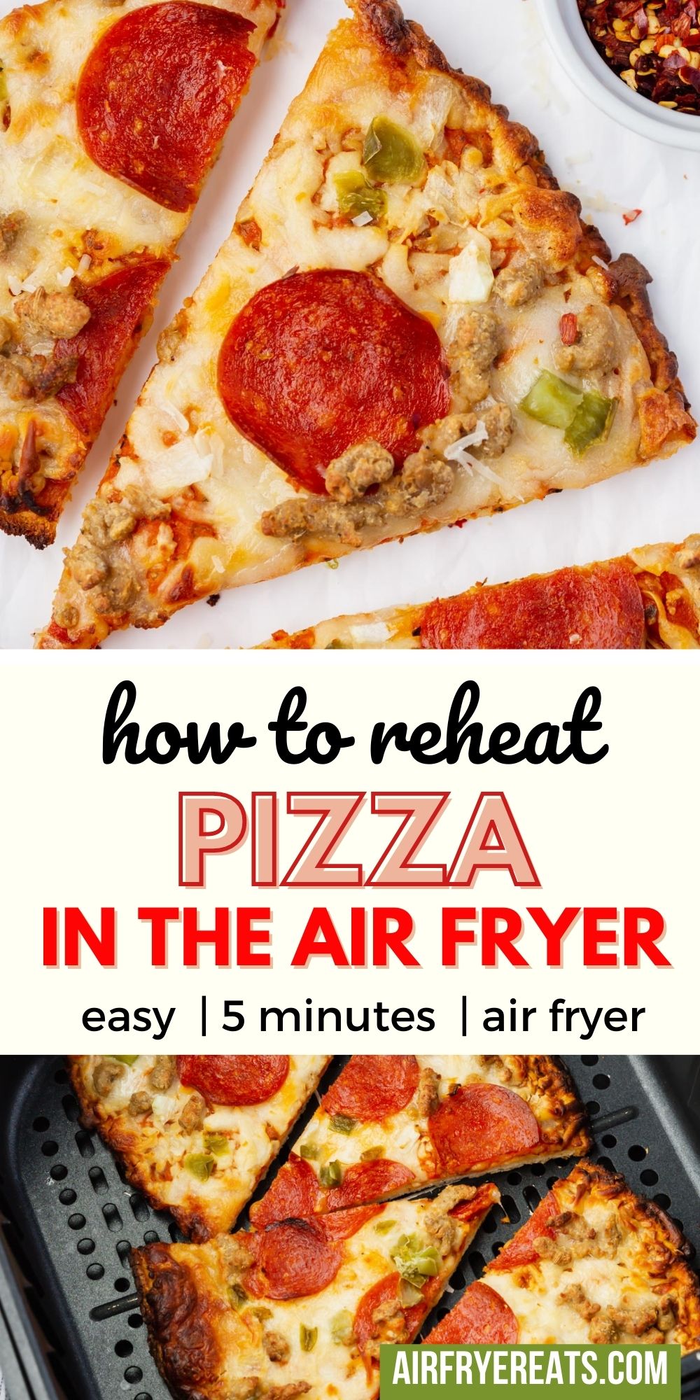 Learn exactly how to reheat pizza in the air fryer so that it tastes just as good as when it was fresh! This easy air fryer pizza reheating method is fool-proof. via @vegetarianmamma