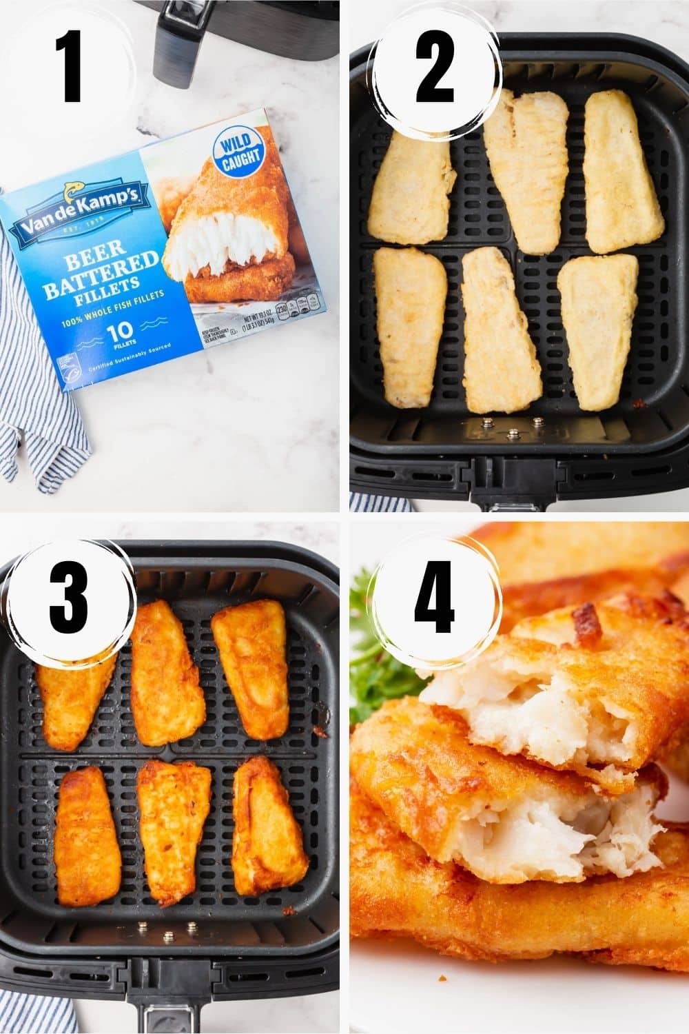 a collage of four numbered images showing how to make frozen fish fillets in an air fryer. 