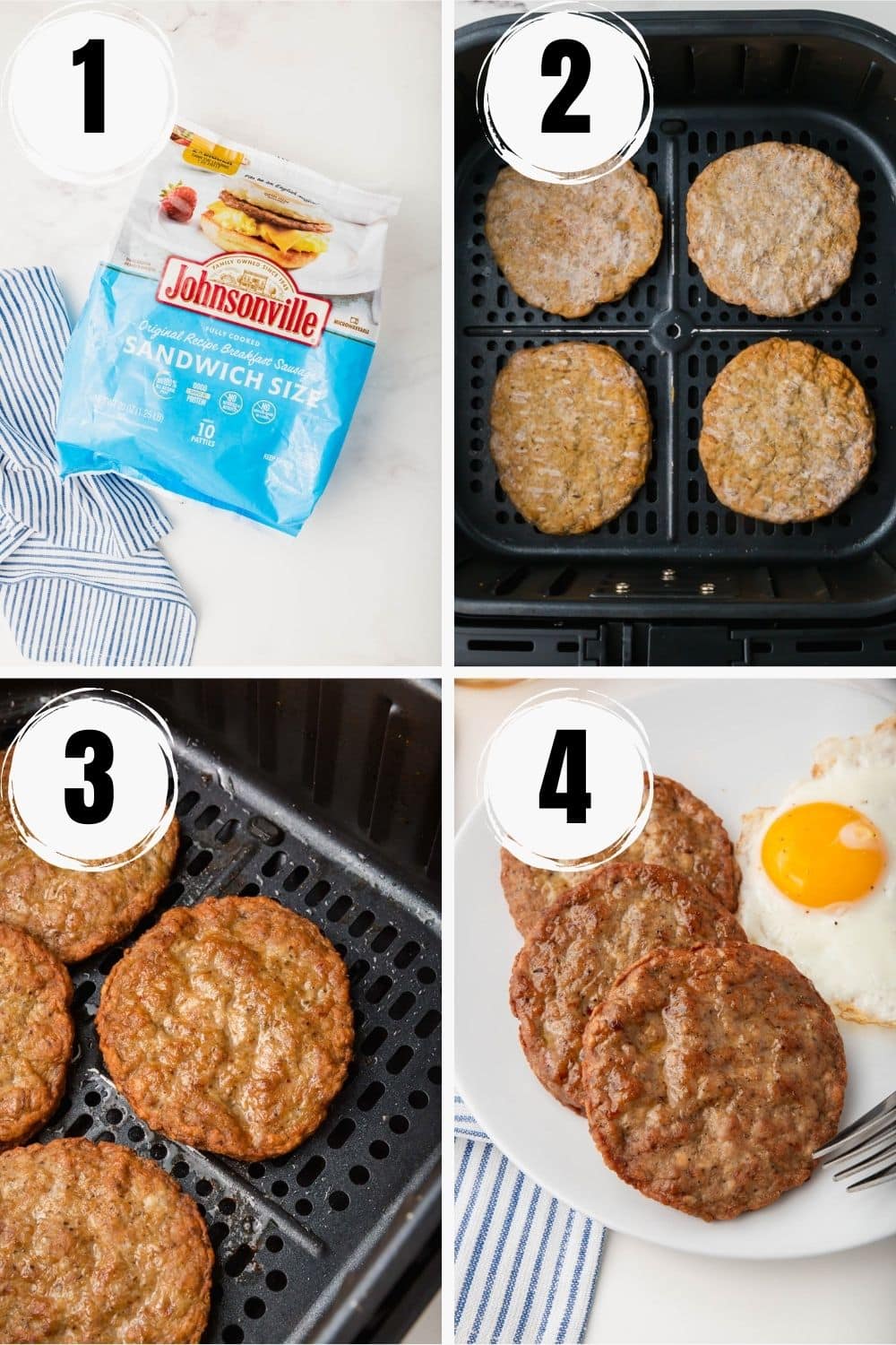 A collage of four numbered images, showing how to make frozen sausage patties in air fryer.