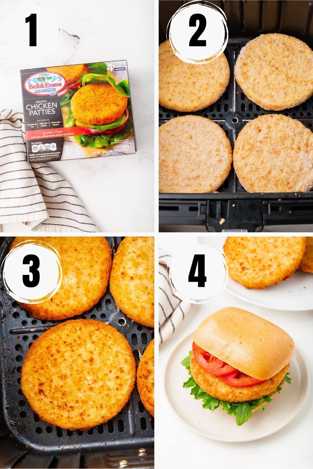a collage of four numbered images showing how to make frozen chicken patties in air fryer. 