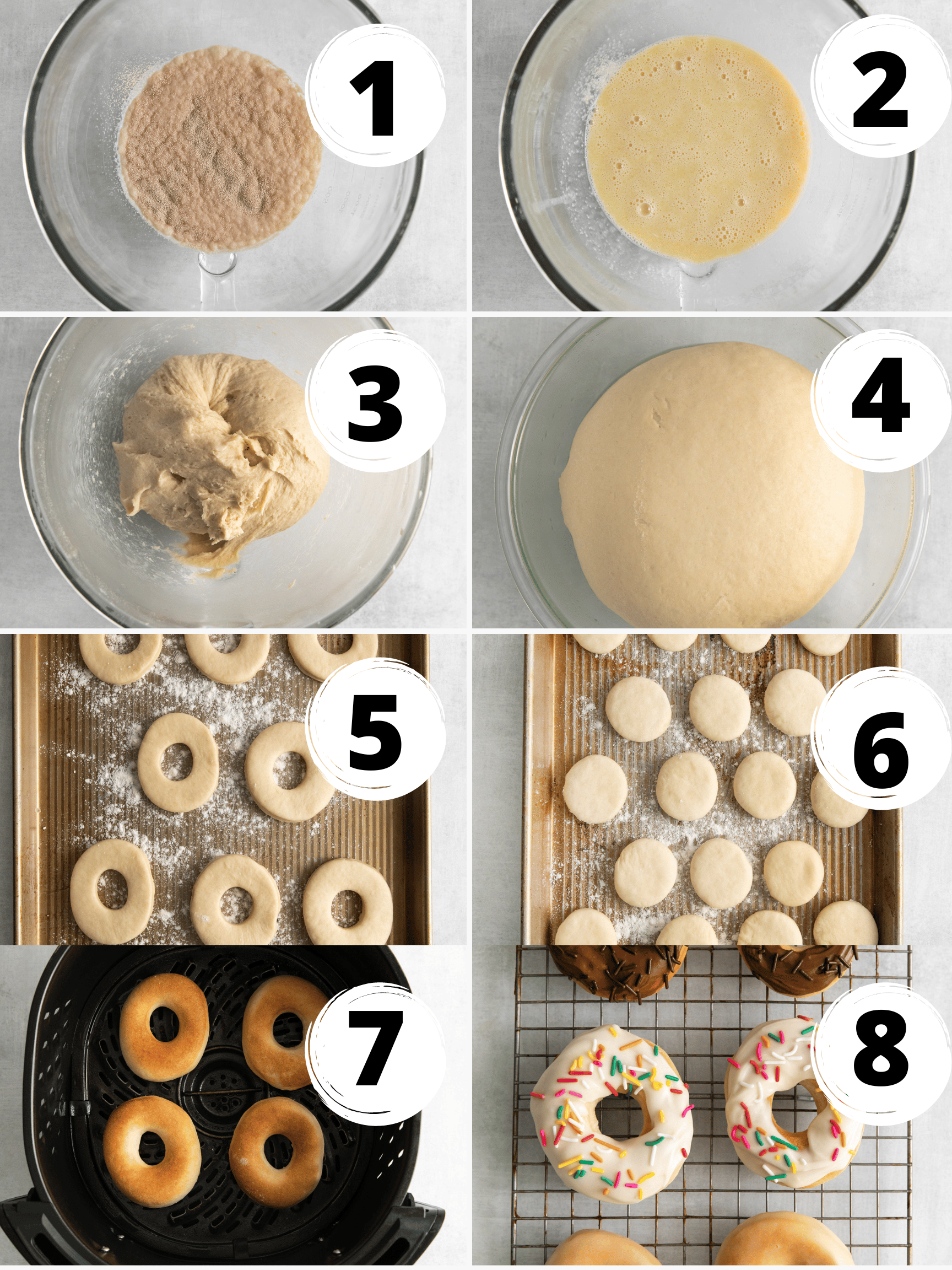 Collage of photos showing the steps to make Air Fryer Donuts.