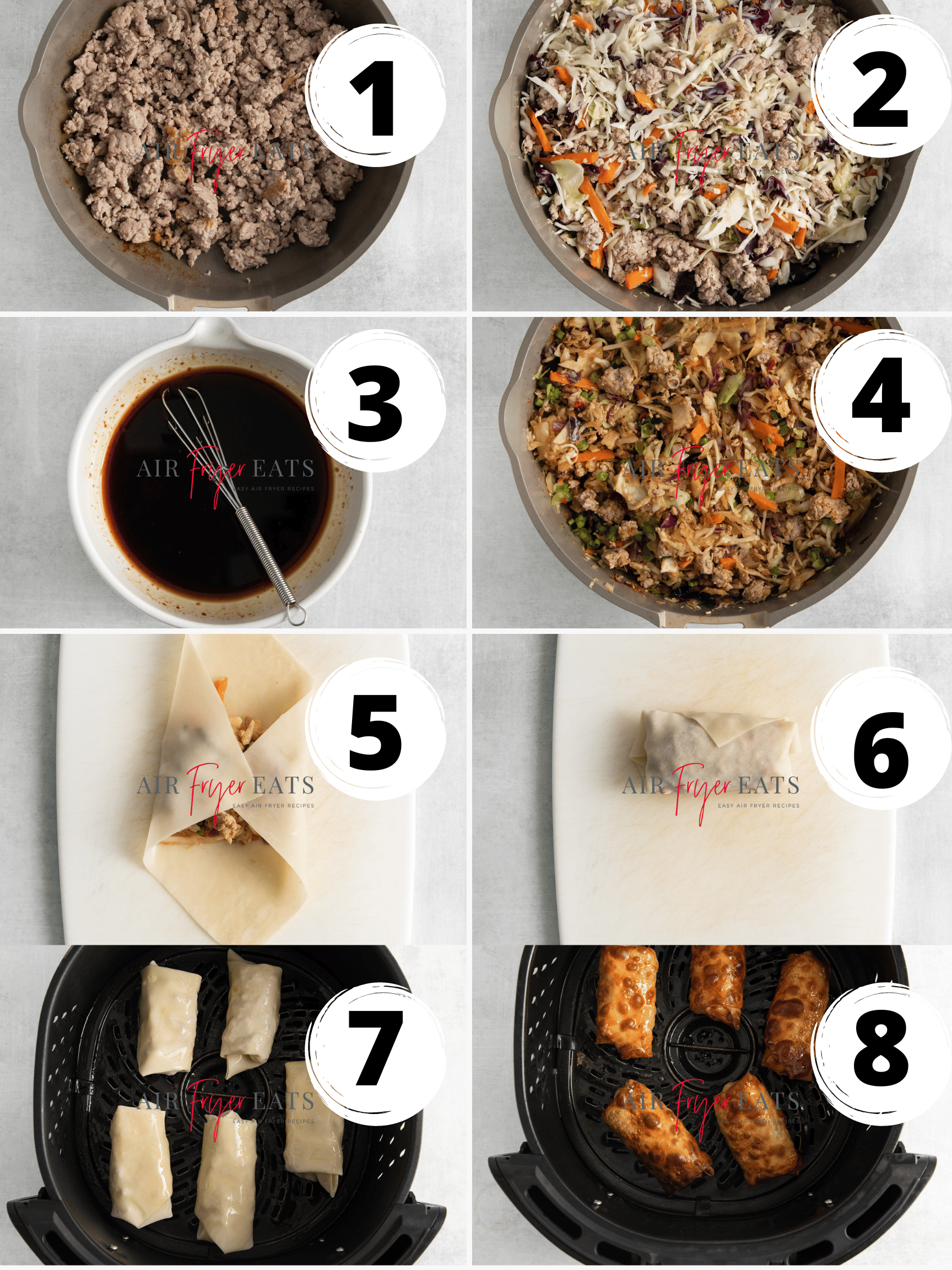 Collage of photos of the steps to make Air Fryer Egg Rolls