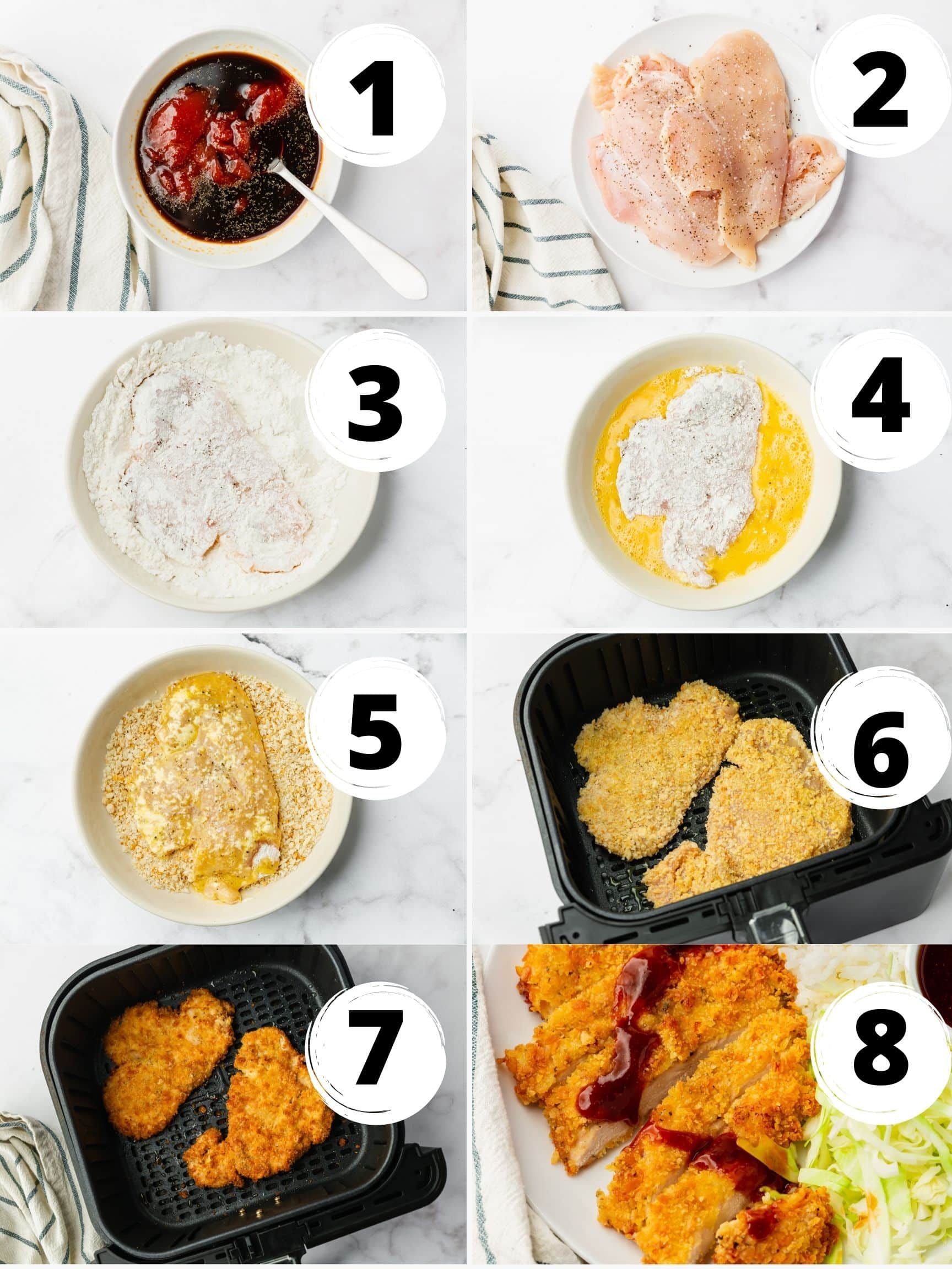 a collage of eight numbered images showing the steps to make breaded air fryer chicken katsu with sauce. 