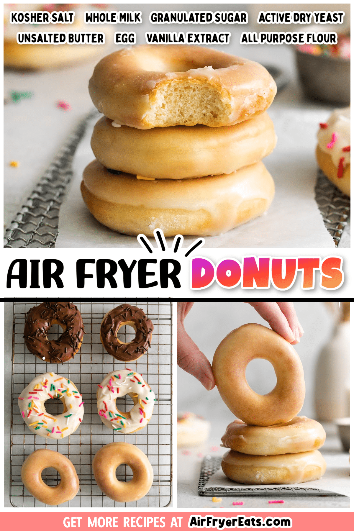 These Air Fryer Donuts are truly the easiest way to make donuts (and bonus, there's no deep-frying involved)! They're light and fluffy and we've included FOUR decadent glazes to try out. via @vegetarianmamma