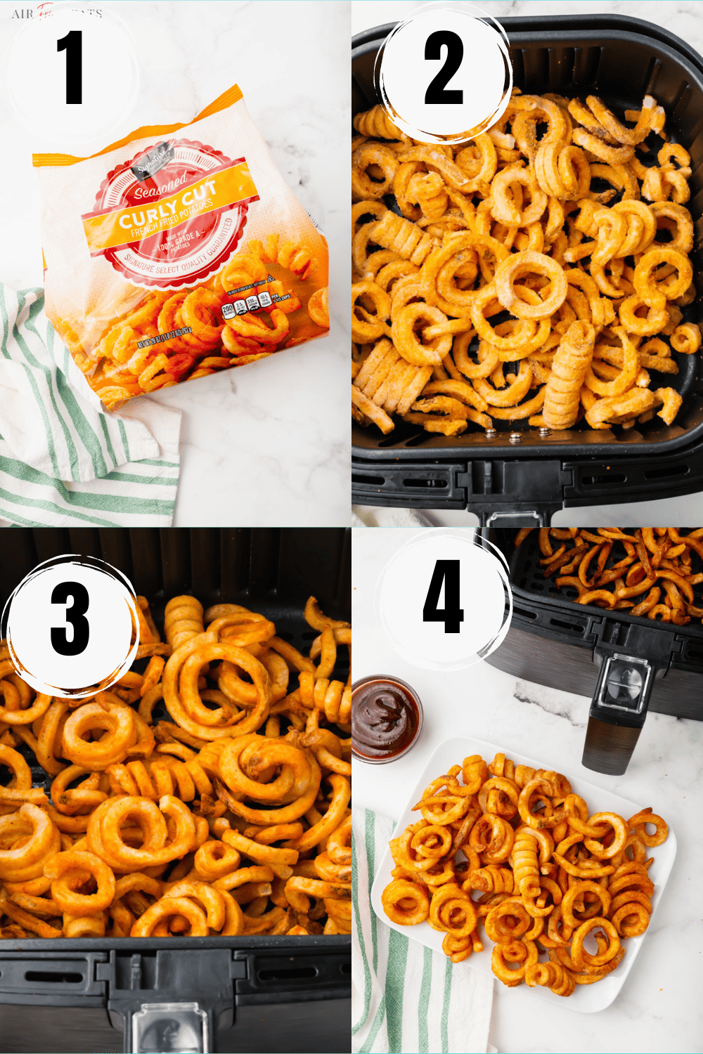 a collage of four numbered images showing how to make frozen curly fries in air fryer, step by step