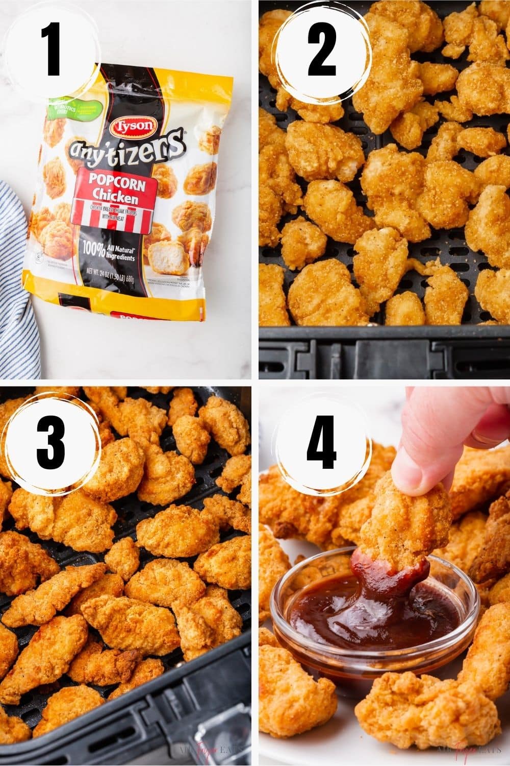 a collage of four numbered images showing how to make frozen popcorn chicken in air fryer