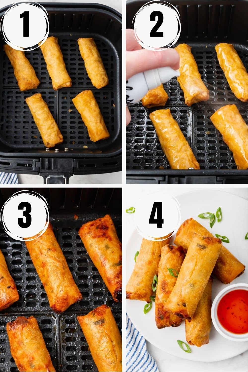 a collage of four numbered images showing how to make frozen spring rolls in air fryer.