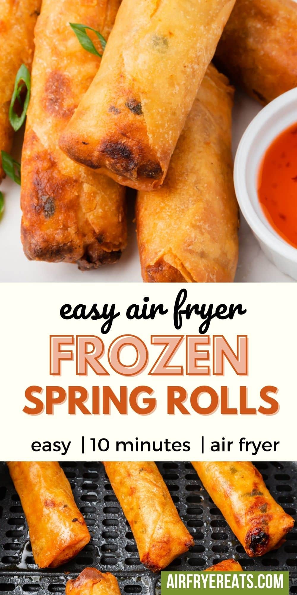 In just 10 minutes you can make crispy, delicious, frozen spring rolls in the air fryer! Skip takeout - make yourself a tasty snack at home. via @vegetarianmamma
