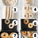 Collage of photos showing the steps to make air fryer bagels.