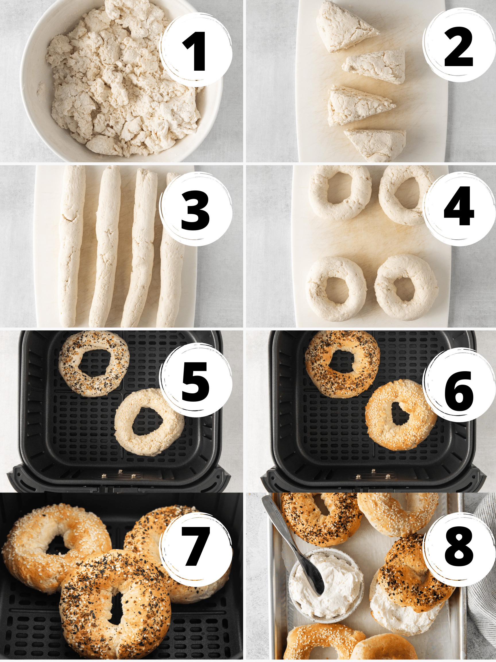 Collage of photos showing the steps to make air fryer bagels. 