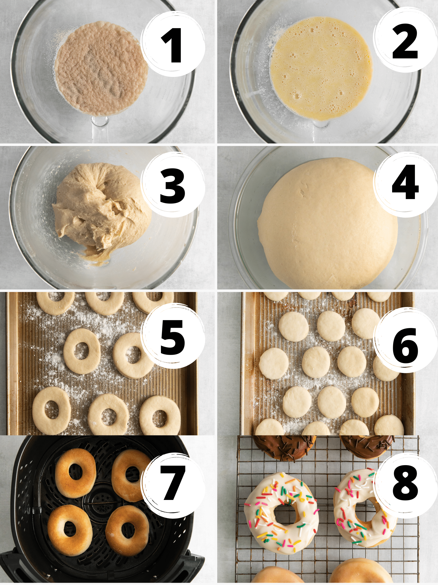 Collage of photos showing the steps to make air fryer doughnuts